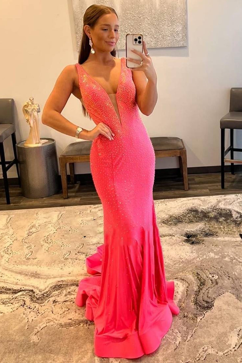 Pink Long Prom Dress with Beading in a Mermaid Deep V Neck