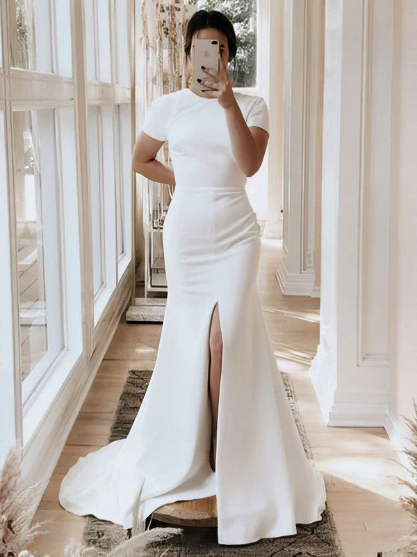 Elegant Trumpet Jewel Neck Short Sleeves Stretch Satin Sweep Train Wedding Dresses with Split