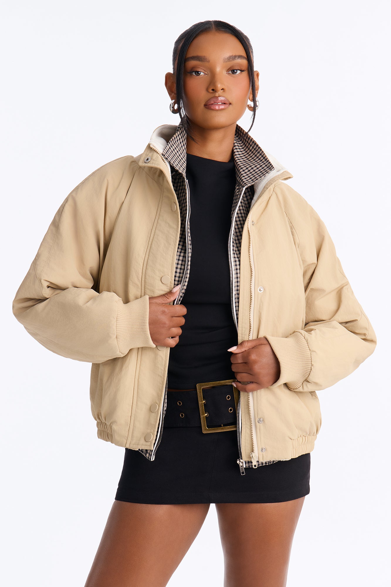 Everyday Muse Nylon Fur Trim Bomber Jacket - Khaki