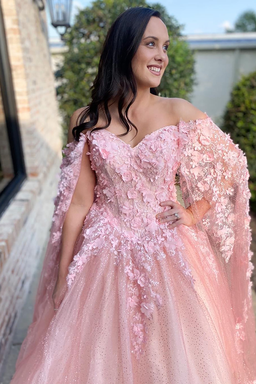 Pink Sparkle Tulle Corset Prom Dress with Floral Off-Shoulder Princess Design