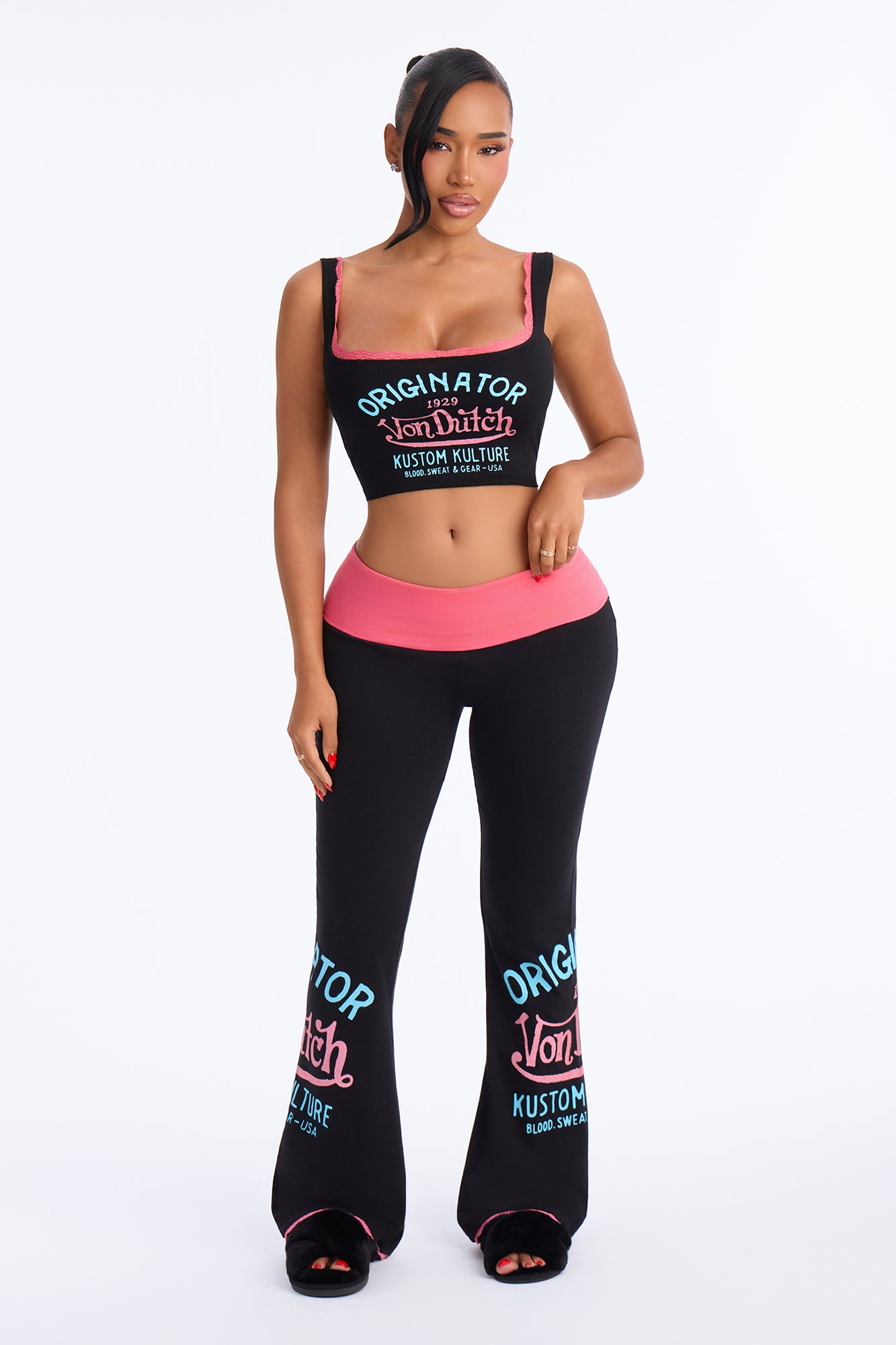 Von Dutch Originator Kustom Kulture Lace Flare PJ Pant Set - Black/Pink