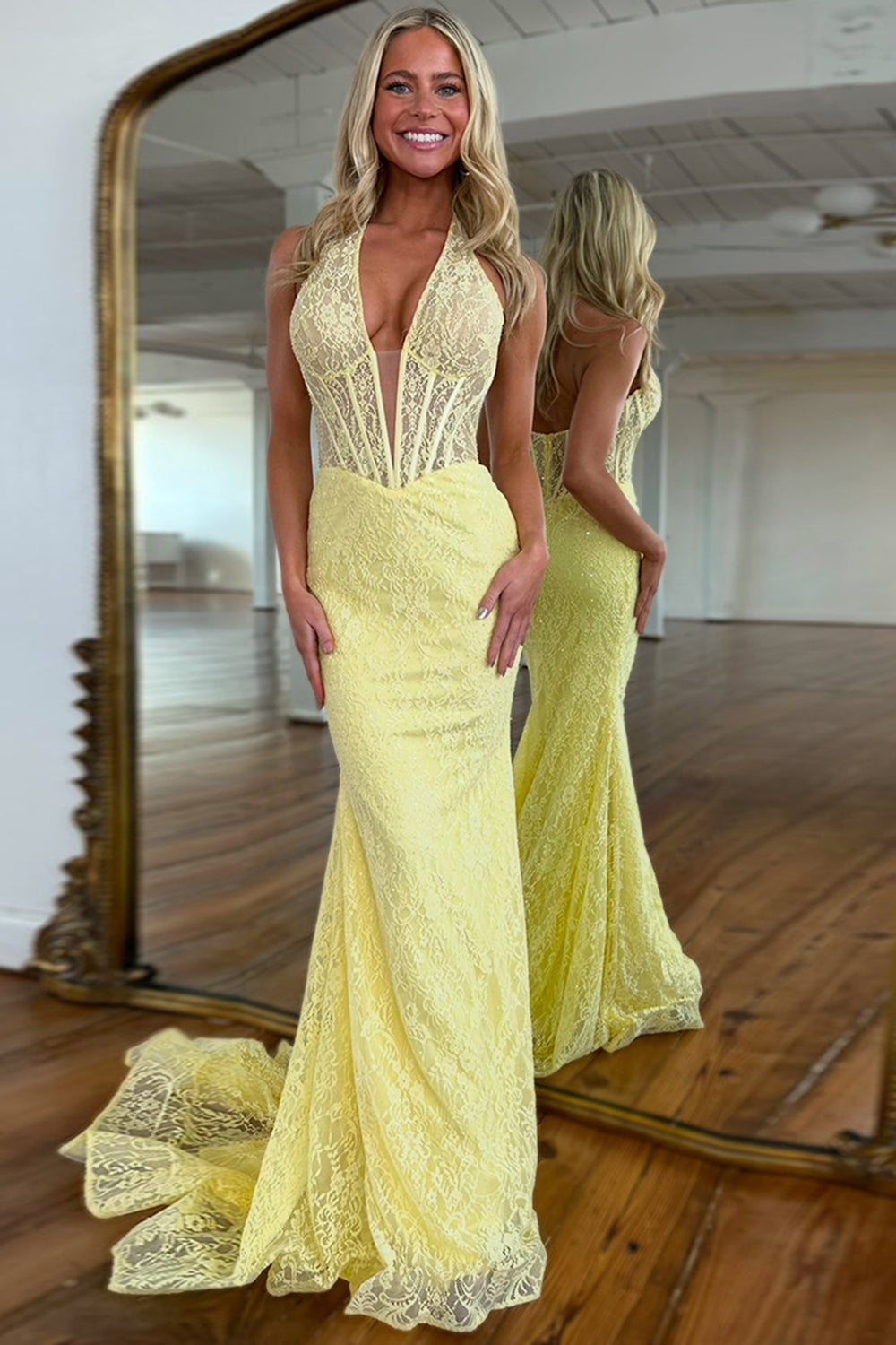 Long V-Neck Corset Prom Dress with Yellow Halter Lace