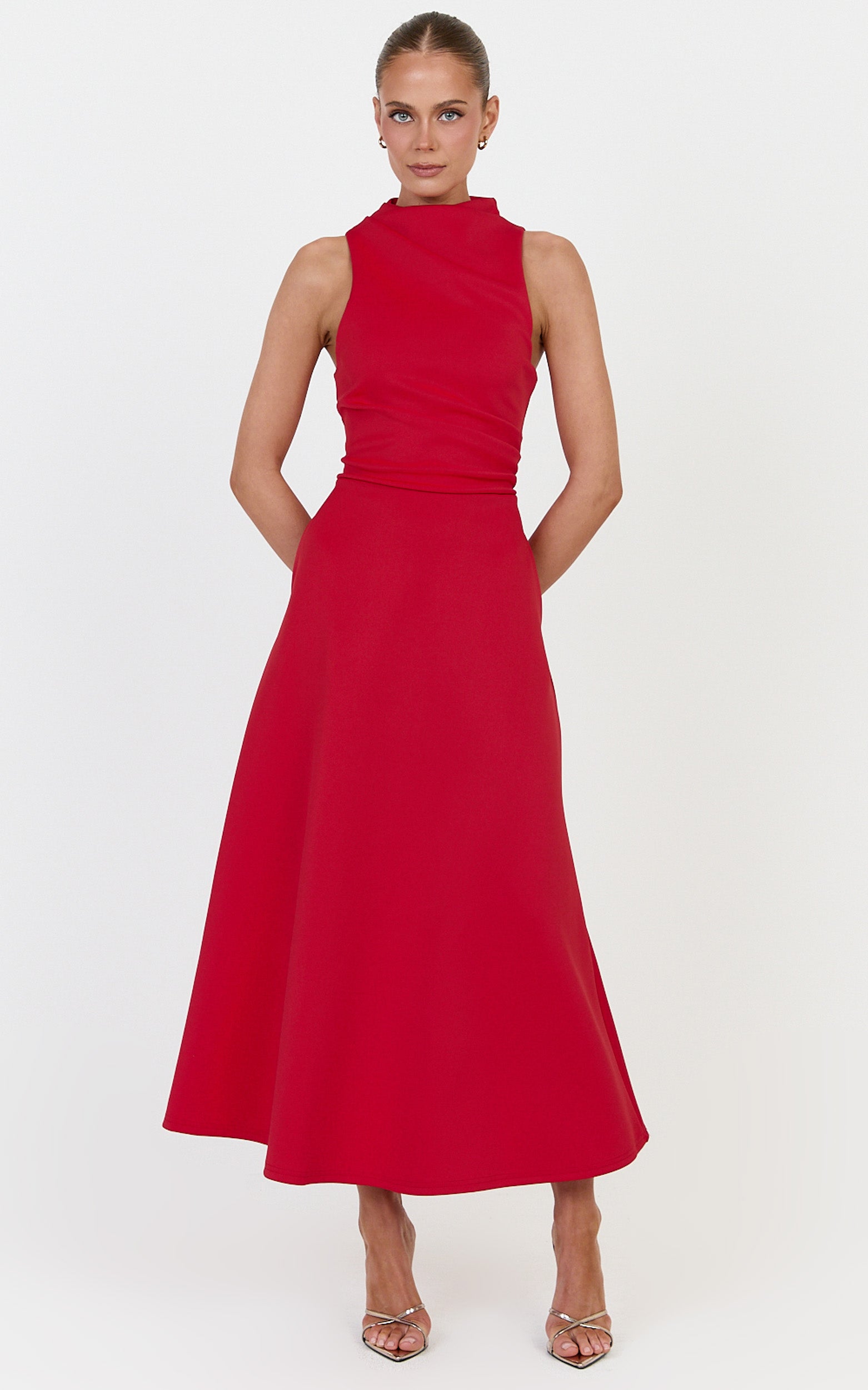 Macy Midi Dress - High Neck A Line Dress in Red