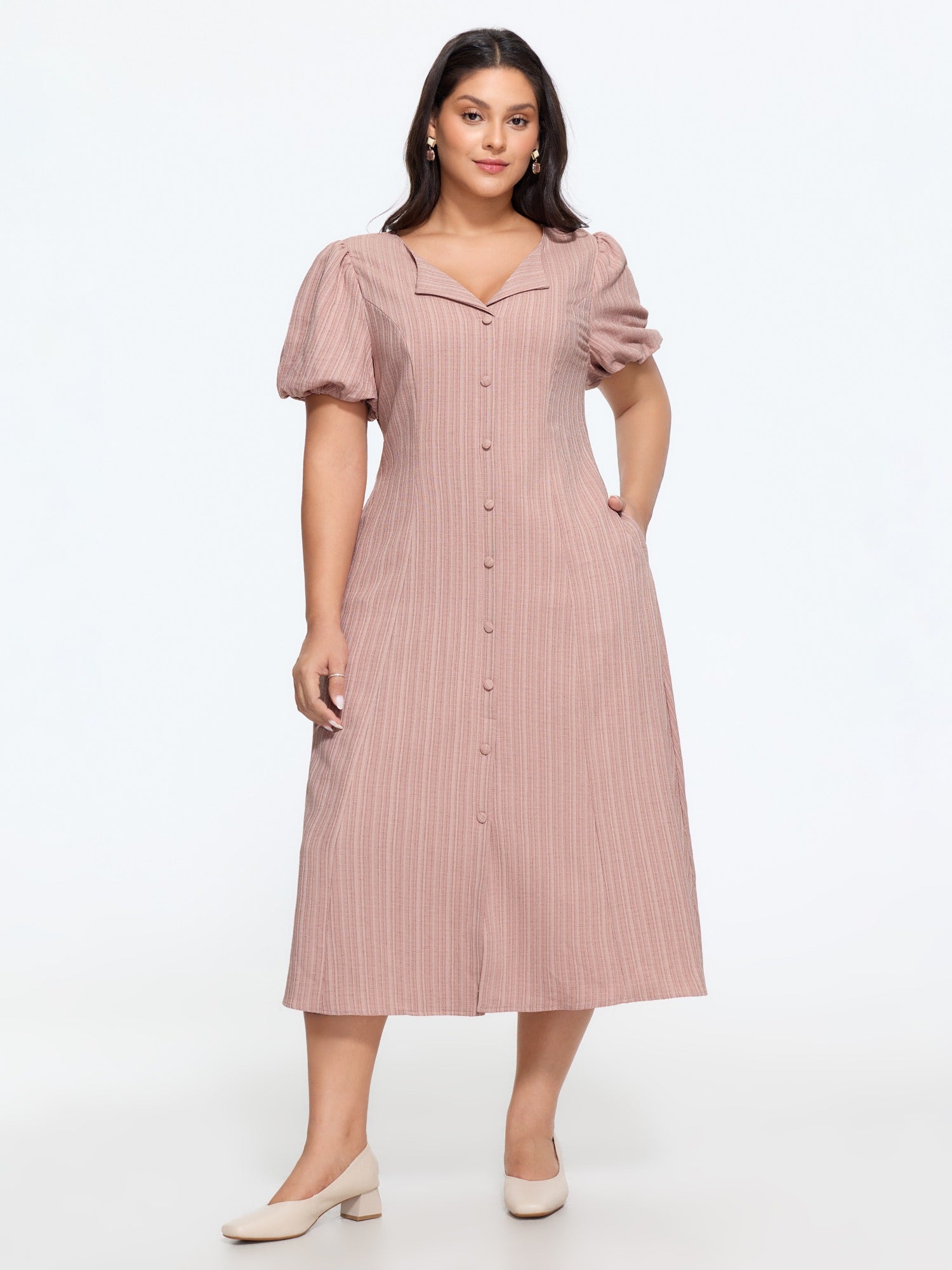 Vertical Stripe Button Down Midi Dress