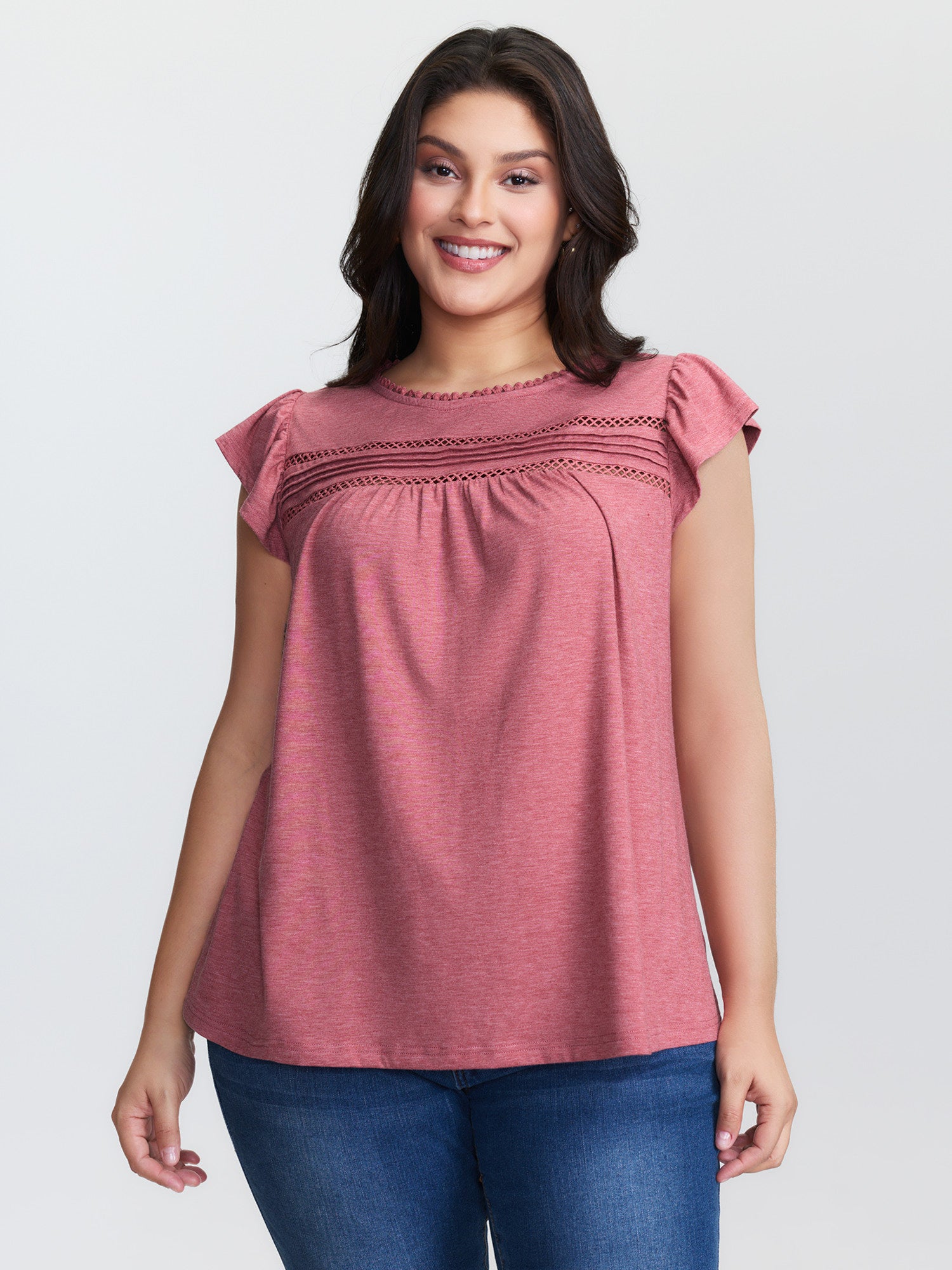 Supersoft Flutter Sleeve Lace Trim Knit Top