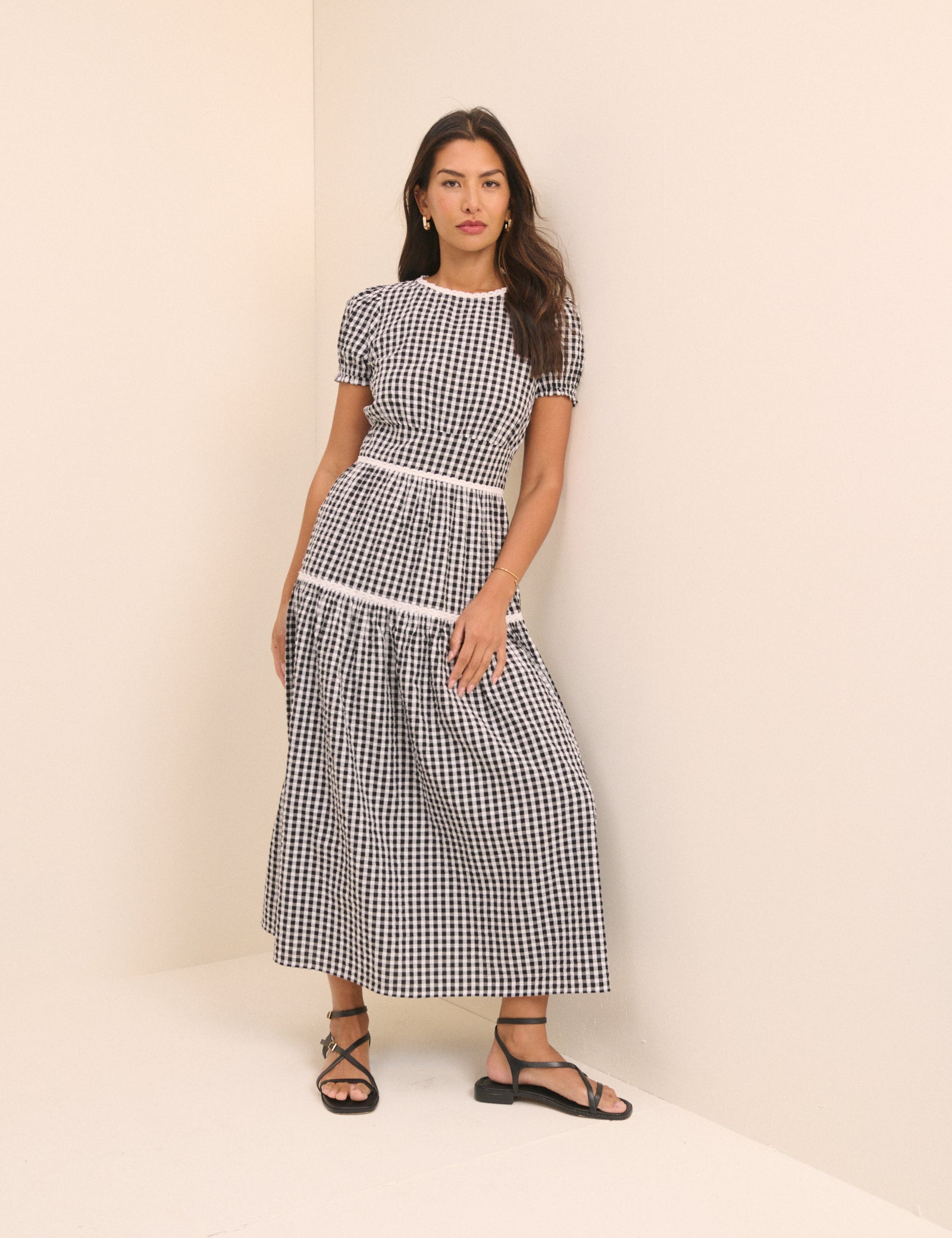 Black Gingham Tiered Dara Midi Dress