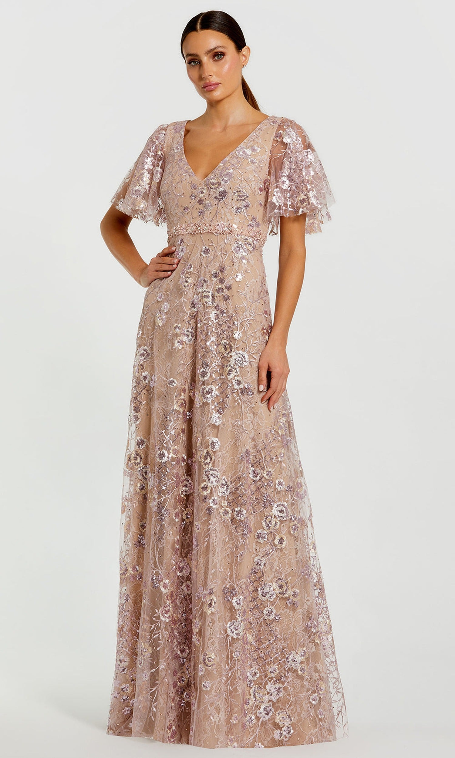 Mac Duggal 68922 - Lace Embellished Flutter Sleeve Evening Gown
