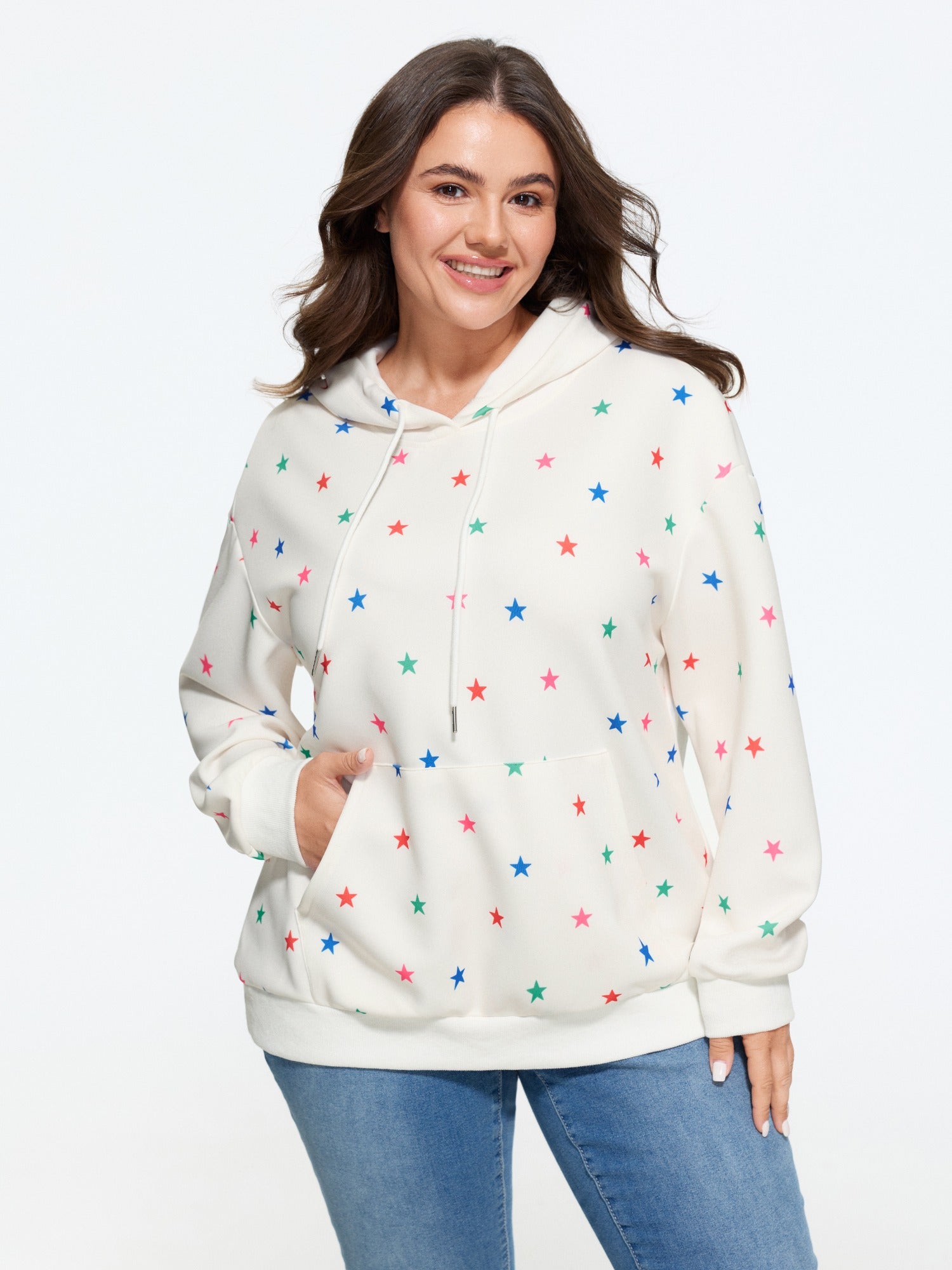 Stretch Star Print Pocket Hooded Sweatshirt