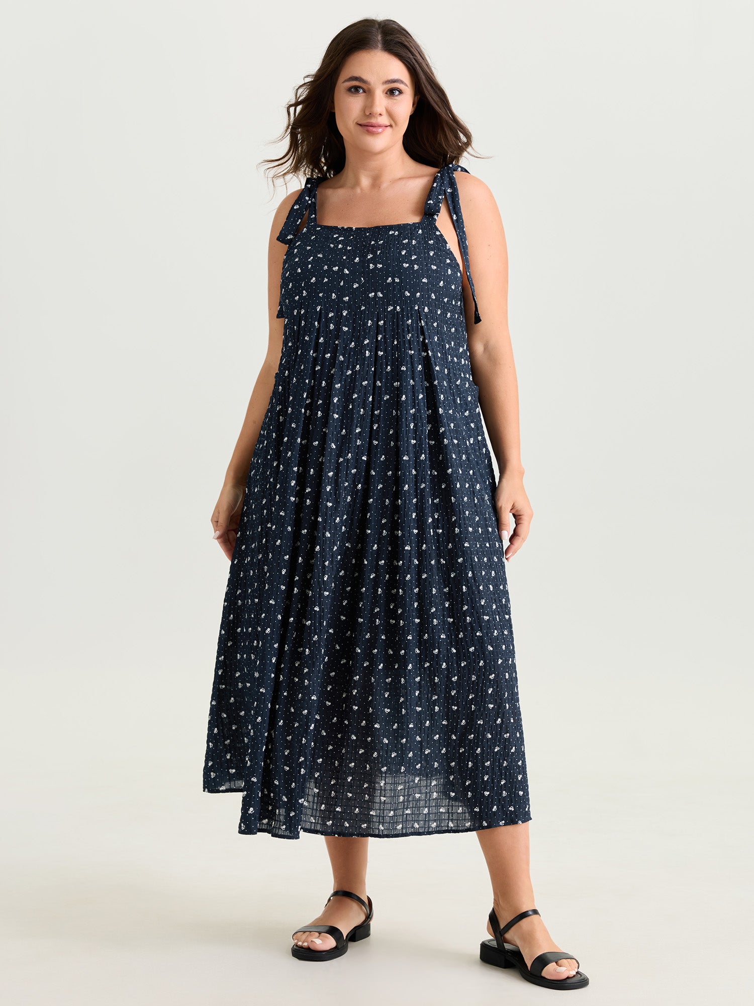 Floral Print Textured Shoulder Tie Midi Dress