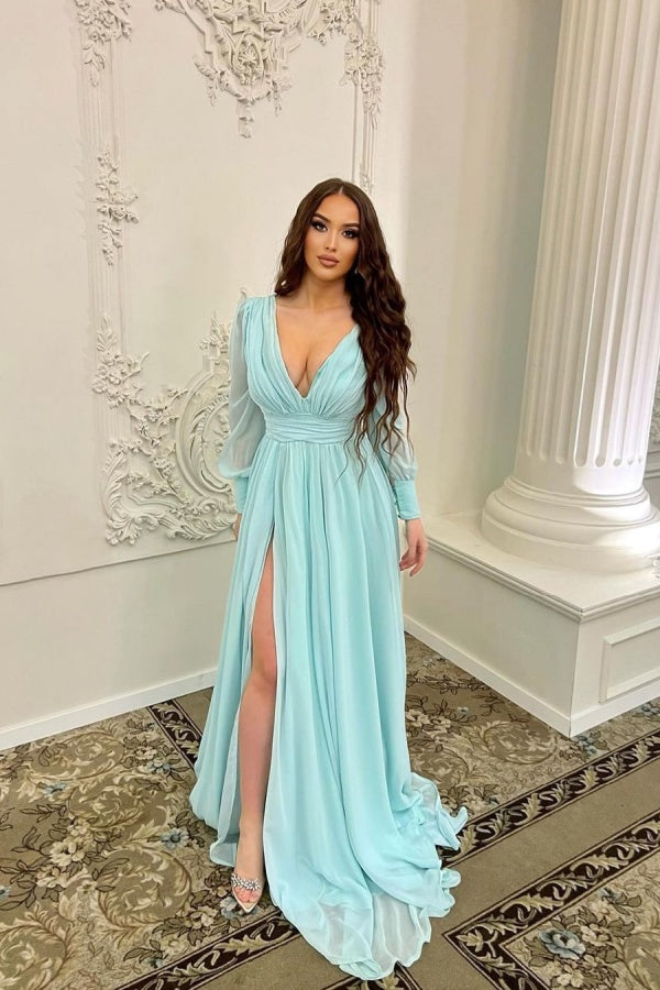 Mint V-Neck Chiffon Split Long Charming Evening Dress With Long Sleeves