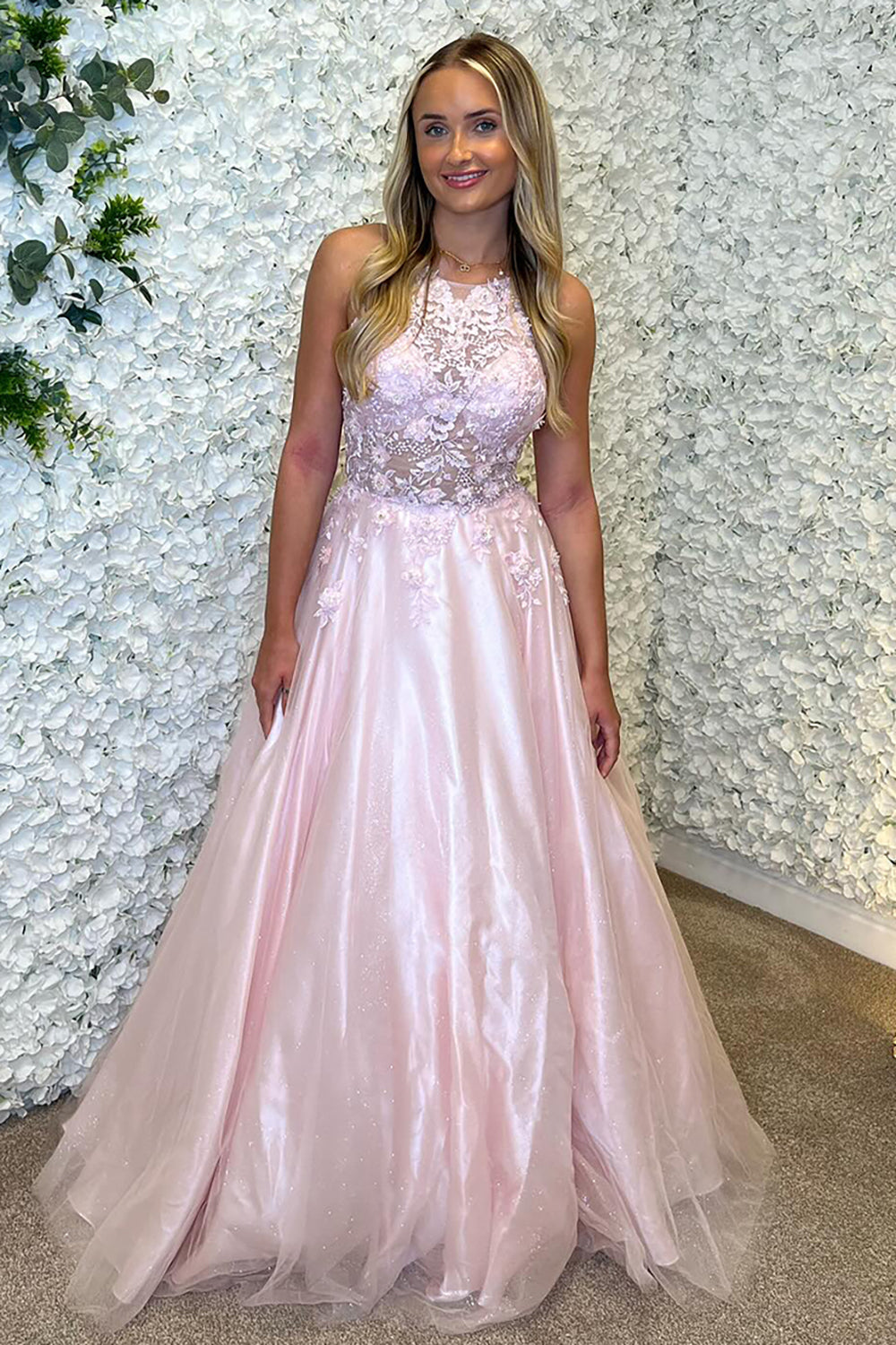 Long A-Line Prom Dress in Pink with Halter Neck and Tulle Appliques