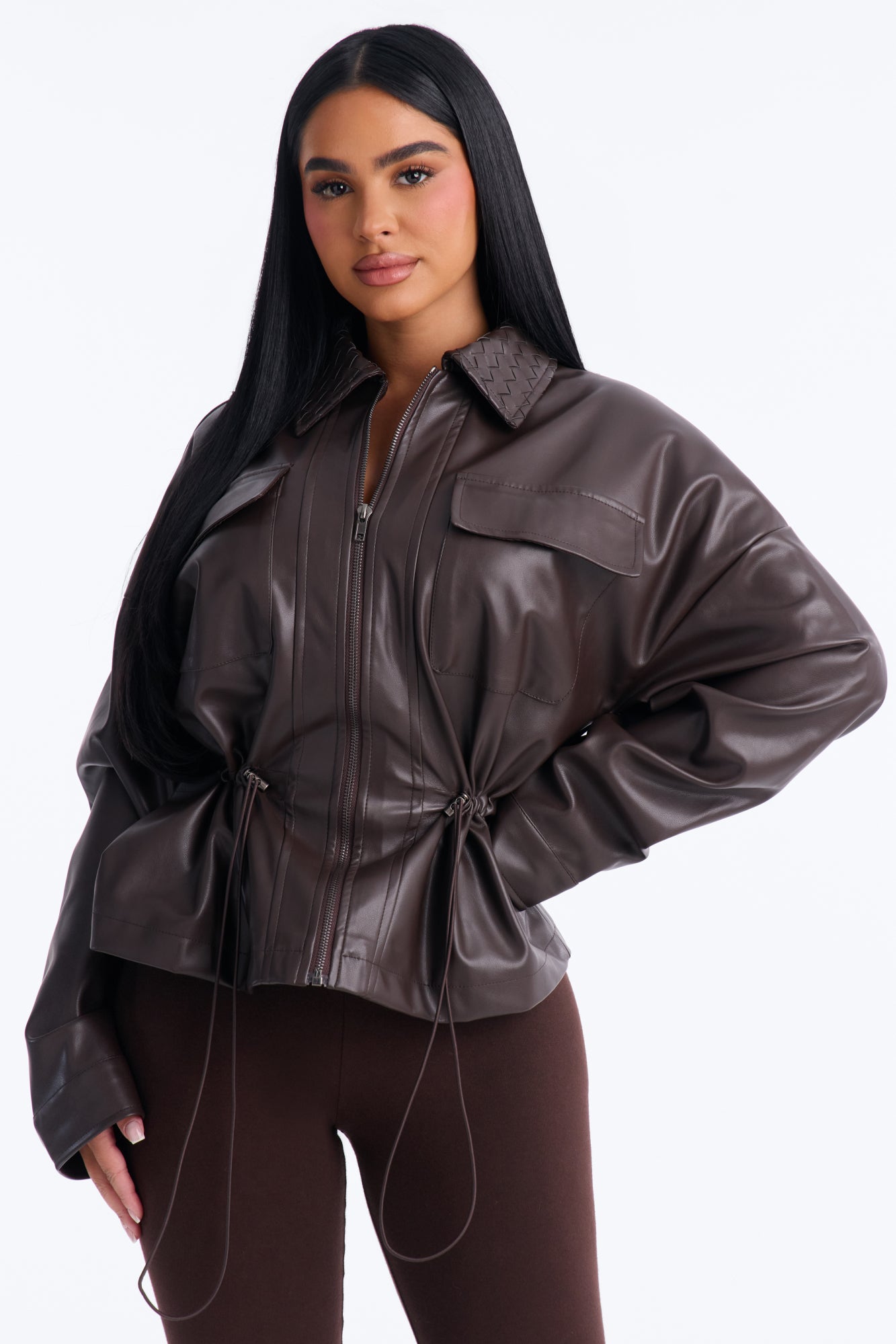 Sade Faux Leather Woven Collar Anorak Jacket - Chocolate
