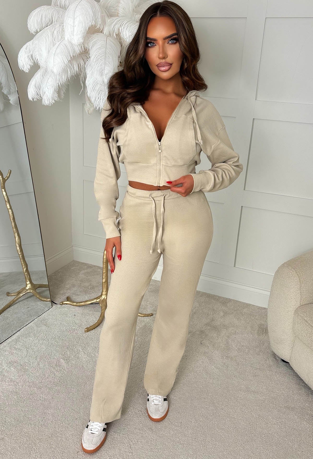Stay Cool Beige Cropped Zip Hoodie & Trouser Set