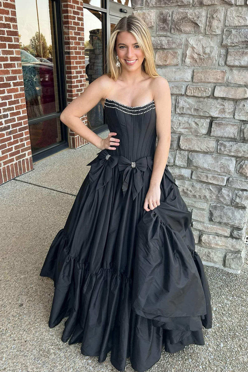 Long Satin A-Line Prom Corset Dress in Pink with Strapless Design and Bows
