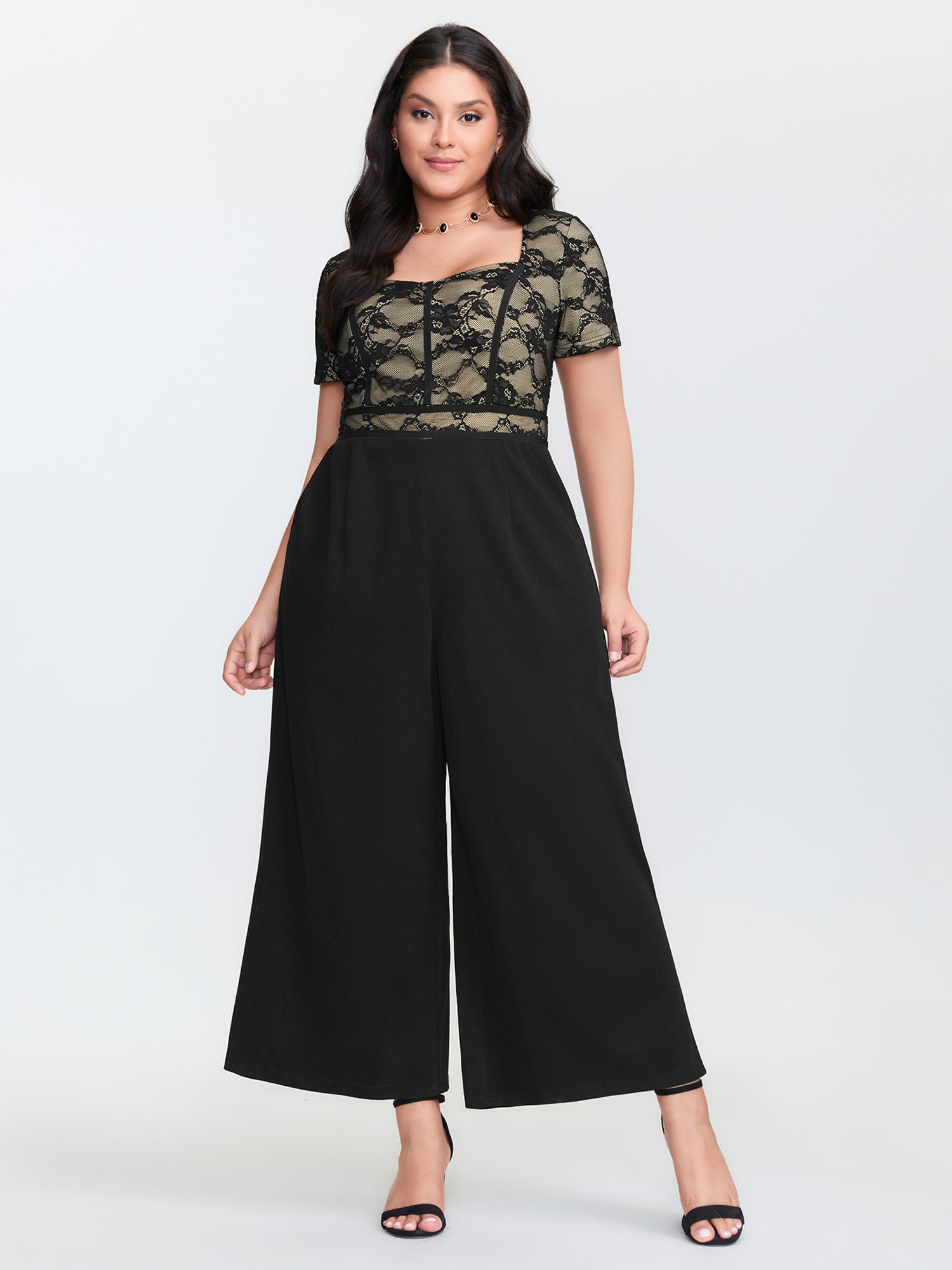 Lace Trim Stretchy Waist Pockets Jumpsuit