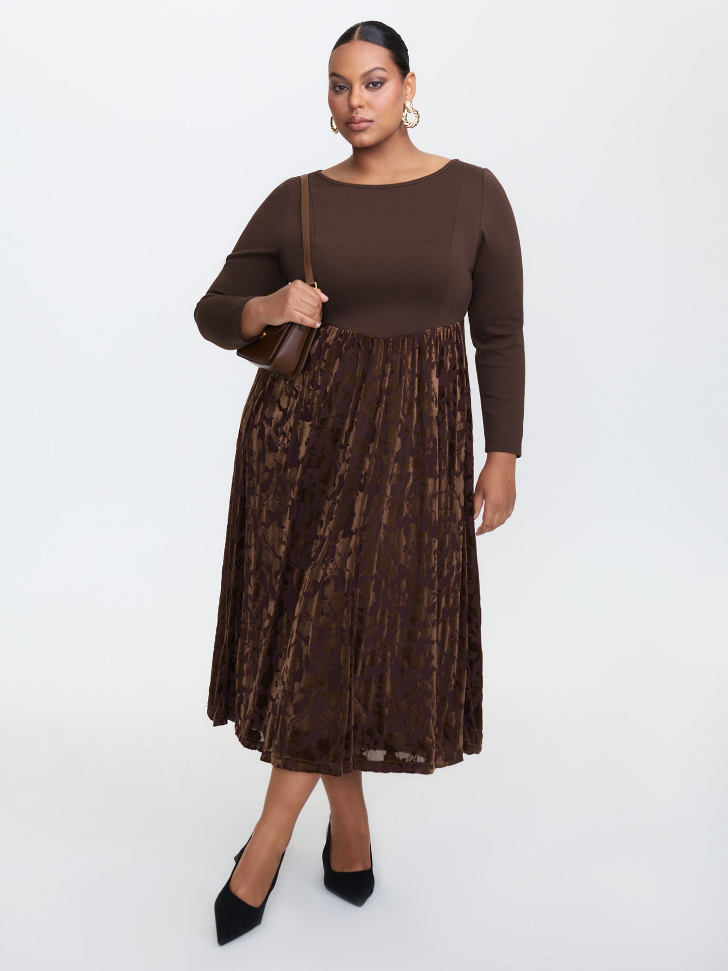 Velvety Feel Spliced Round Neck Midi Dress