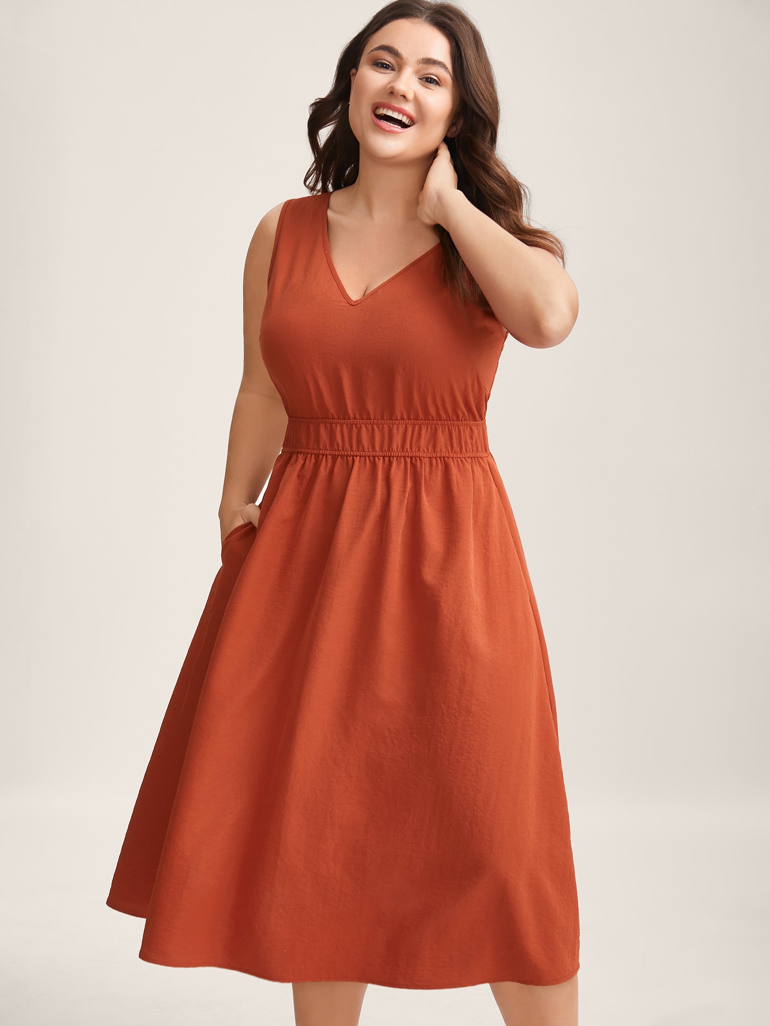 Stretchy Waist Solid Pockets Midi Dress