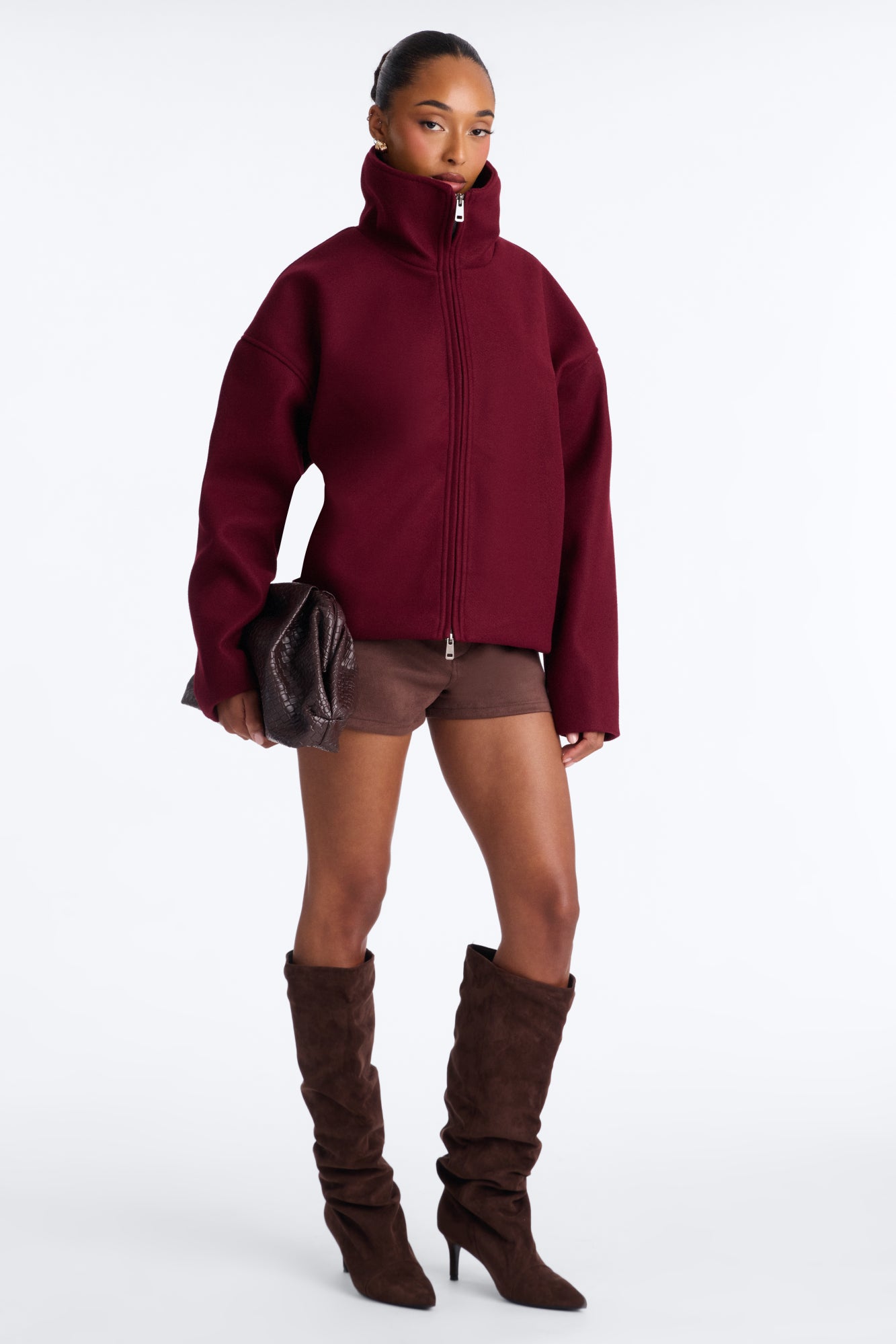 Nikki Funnel Neck Full Zip Short Coat - Burgundy