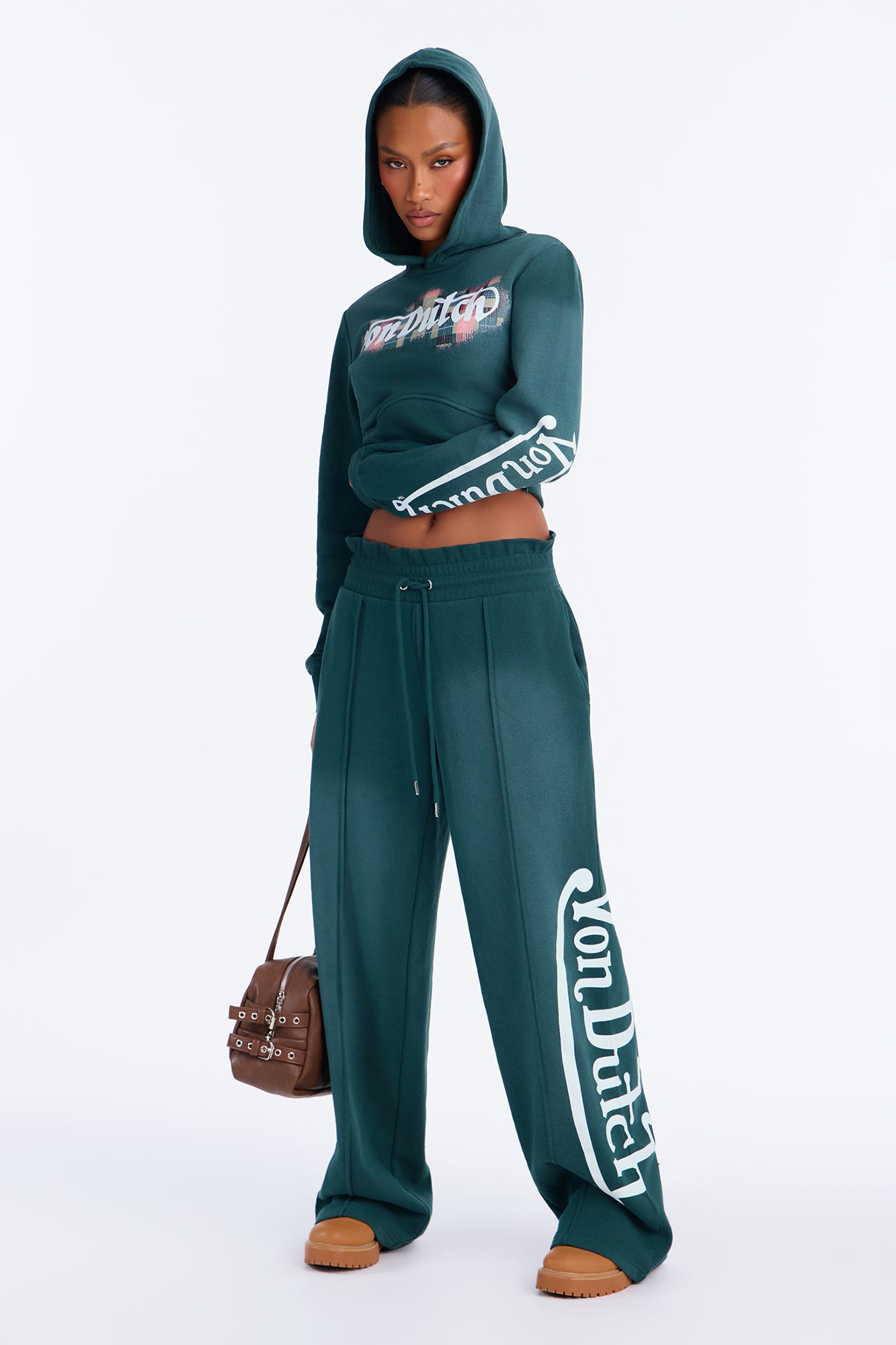 Von Dutch Plaid Logo Wide Leg Sweatpants - Hunter