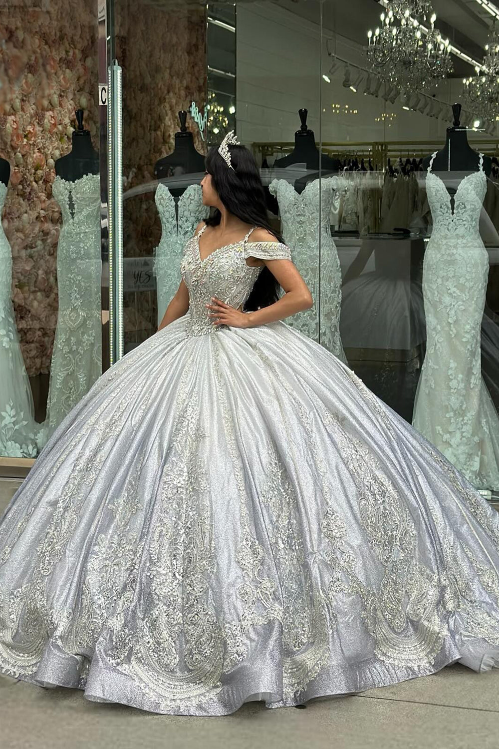 Princess Quinceanera Dress with Sparkly Silver Cold Shoulder and Beaded Applique on Tulle