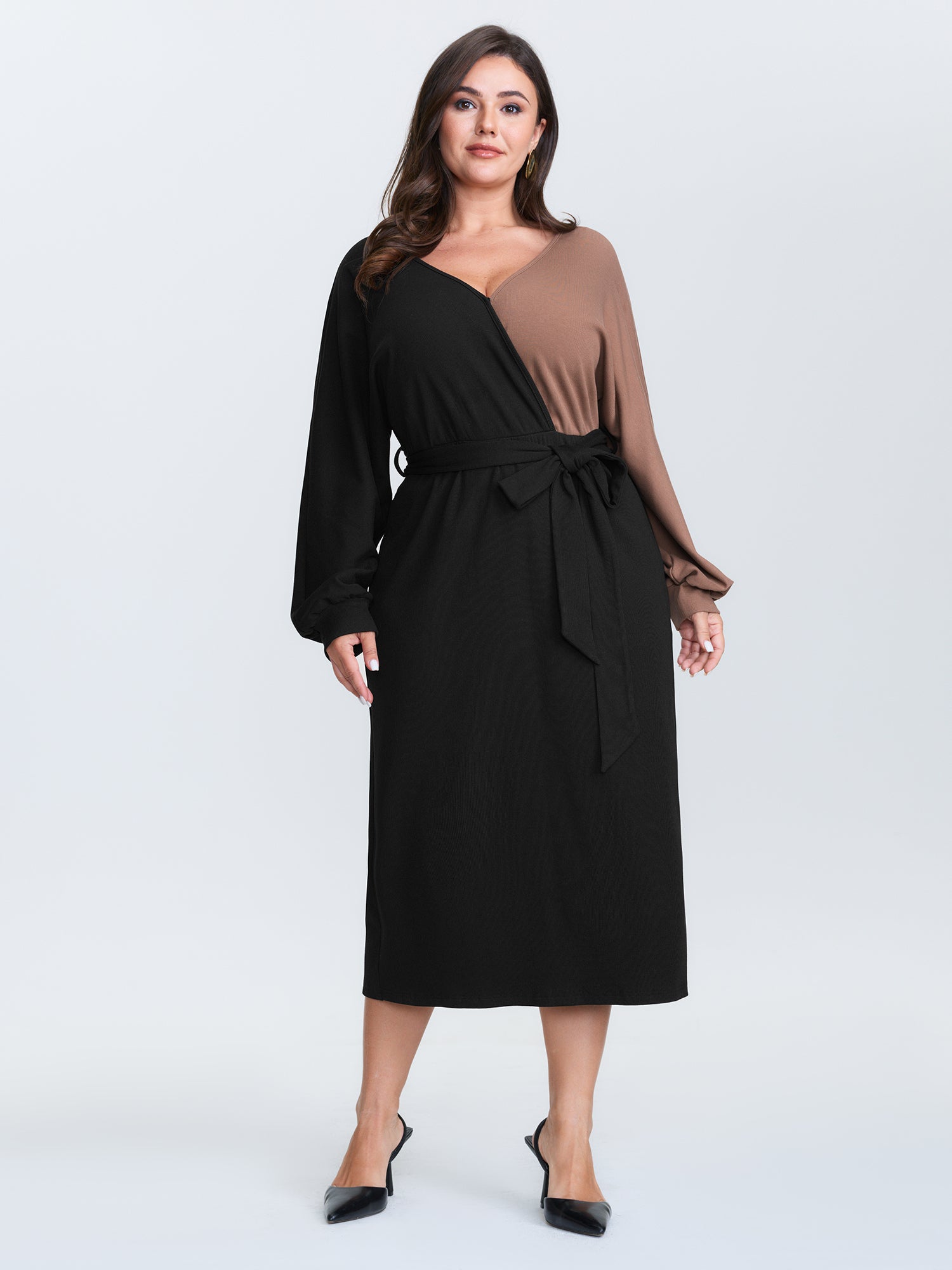 Surplice Neck Color Block Tie Waist Midi Dress
