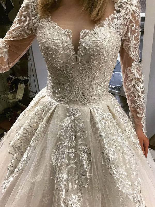 Luxurious Floor-Length Long Sleeves Tulle Ball Gown Lace Wedding Dresses with Beads