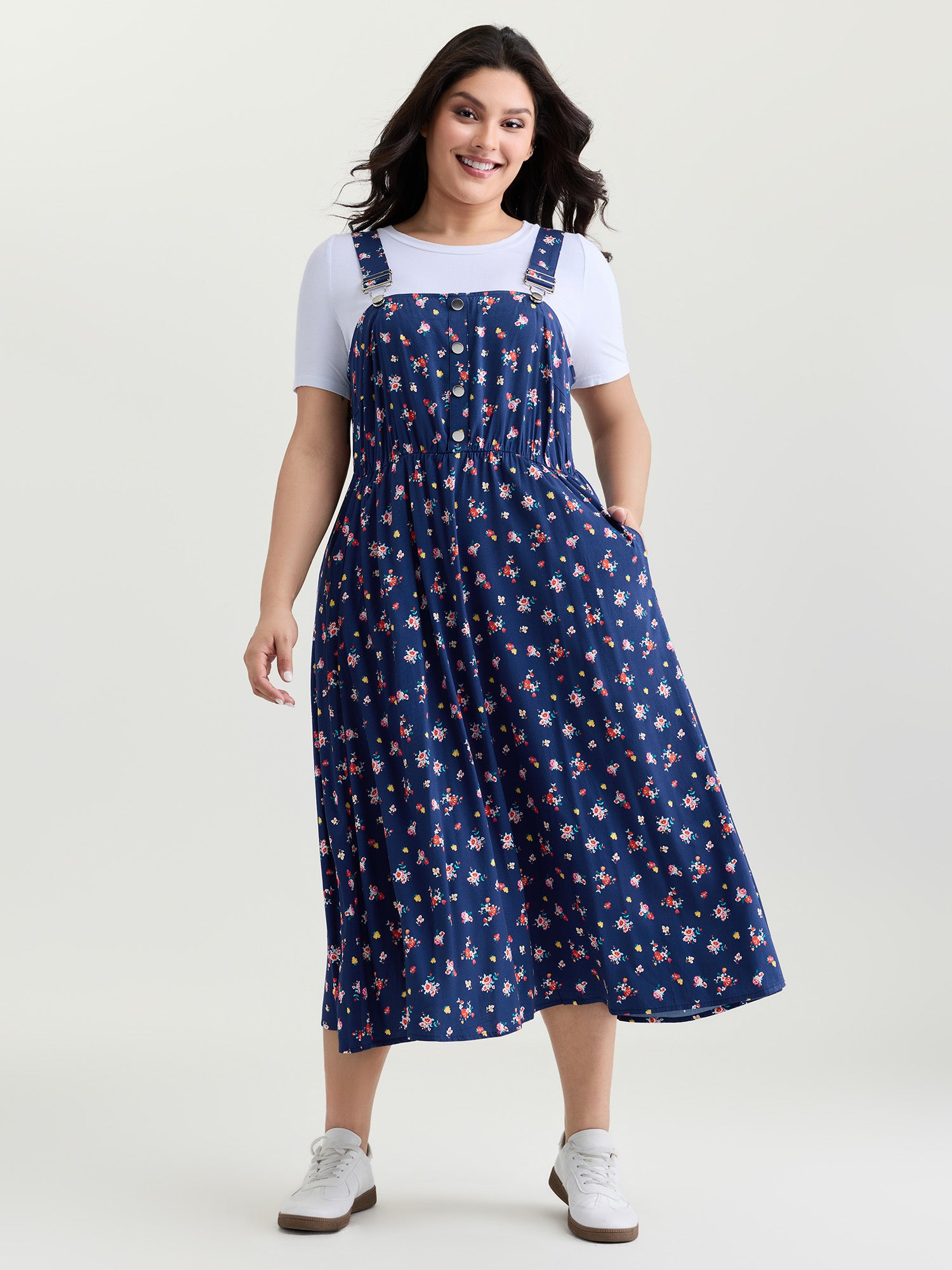 Sweet Floral Print Adjustable Midi Overall Dress