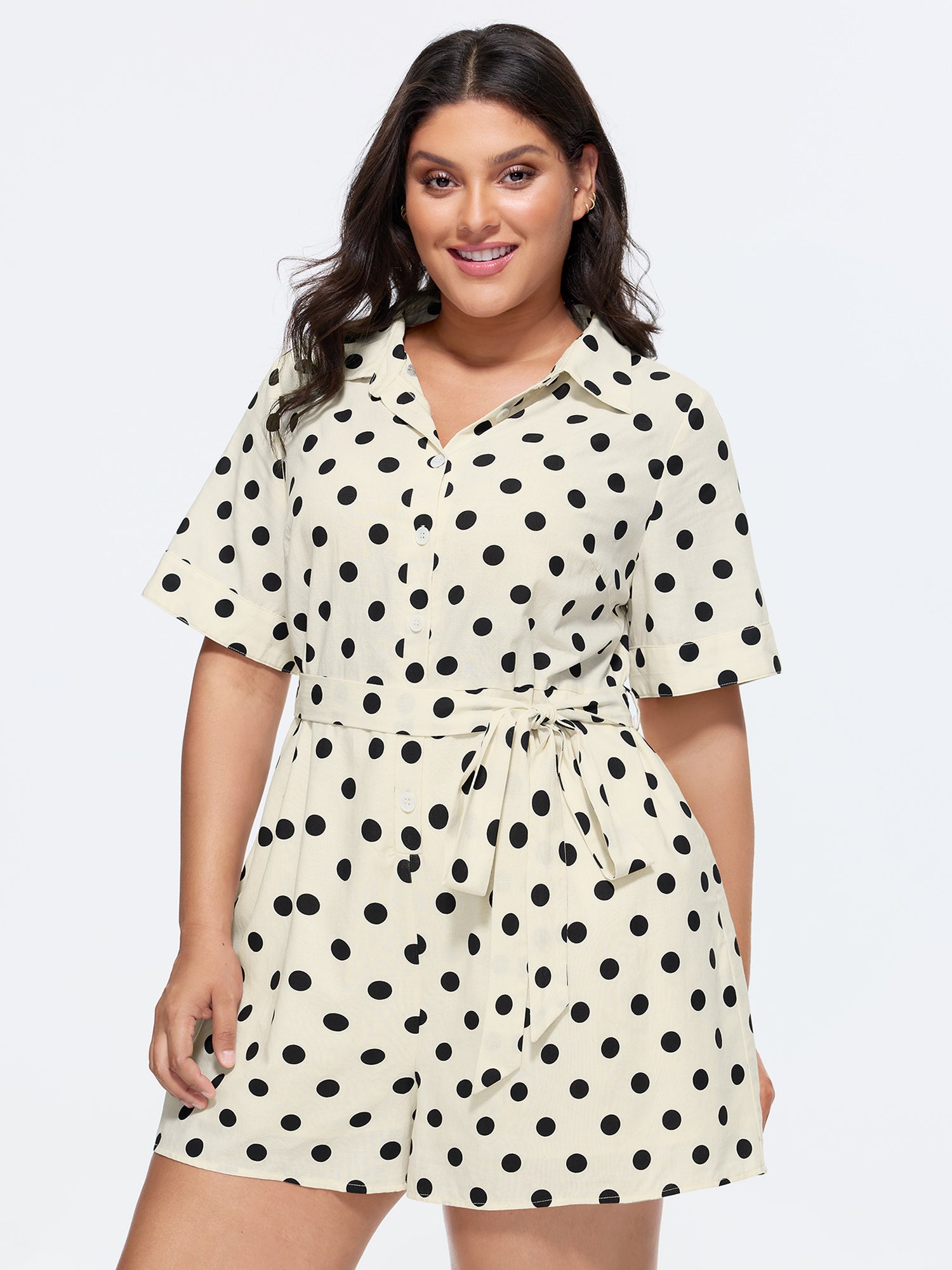 Cotton Linen Polka Dots Side Tie Collared Romper