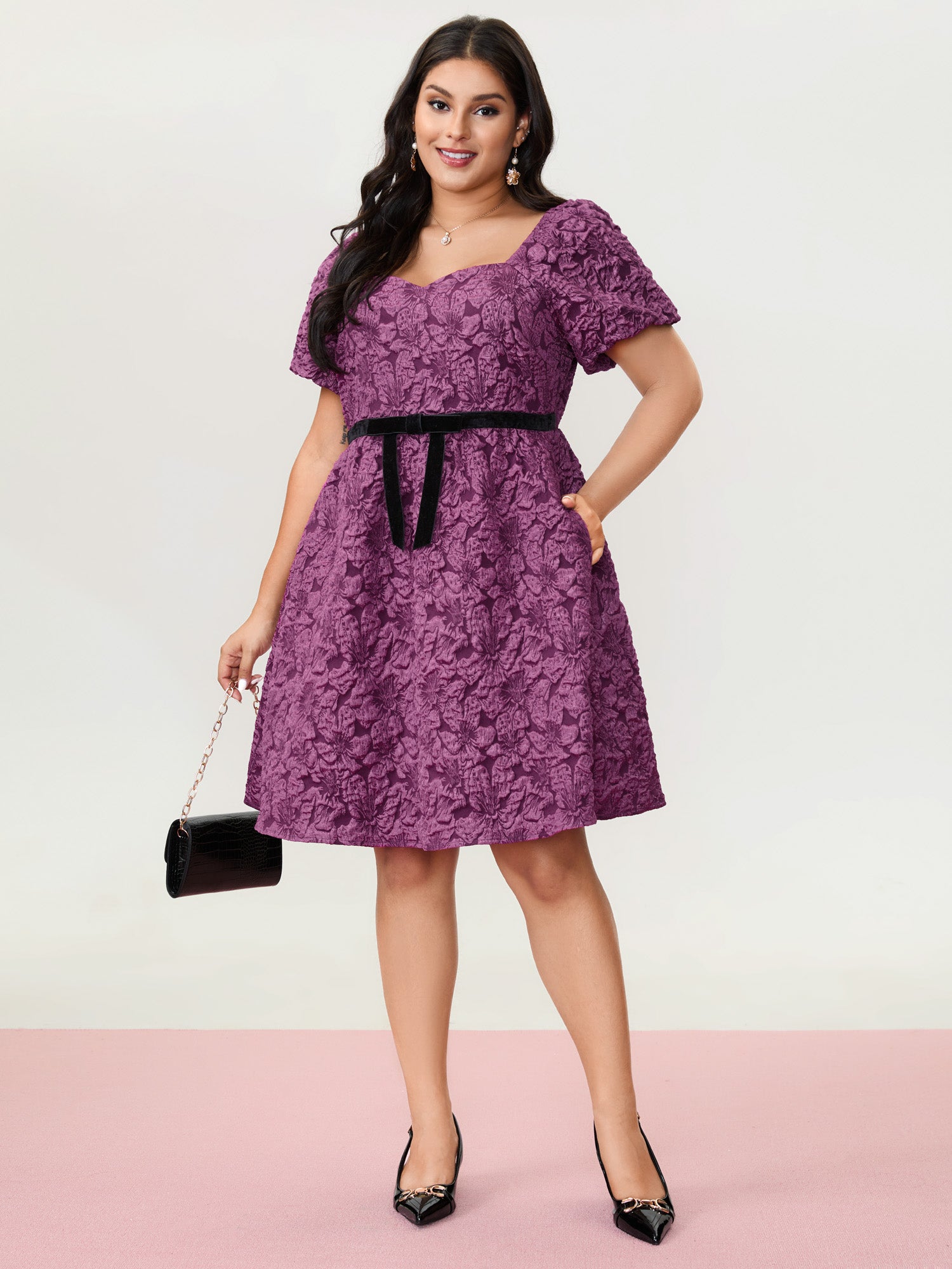 Jacquard Bow-Tie Shirred Mini Dress