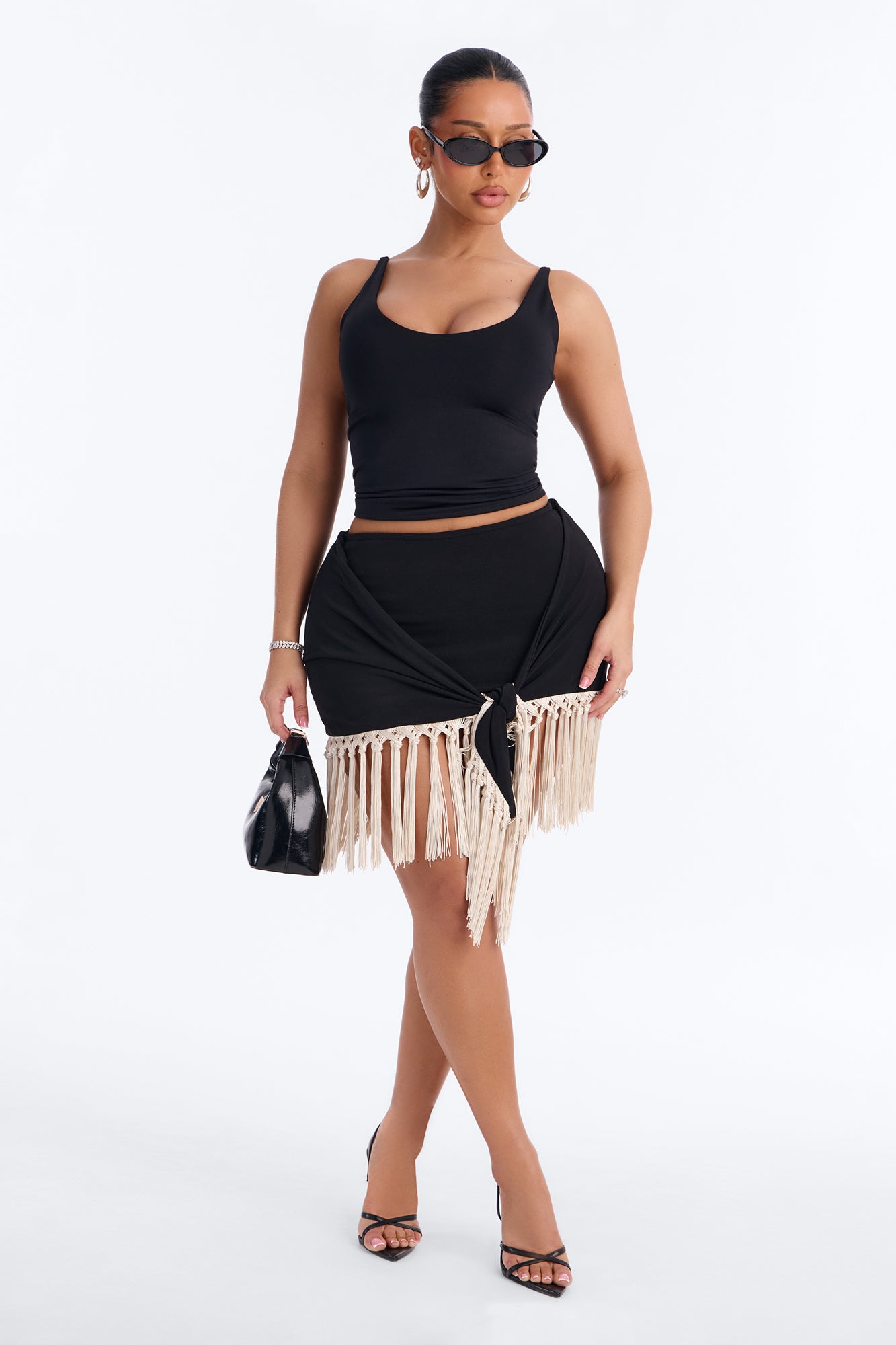 Raine Tie Waist Fringe Skort - Black