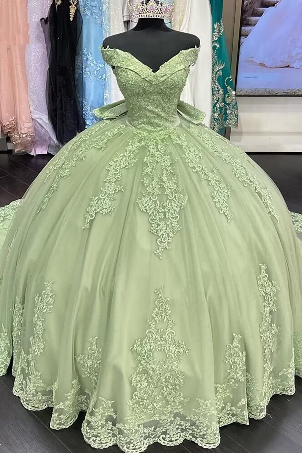 Off-the-Shoulder Sage Ball Gown with Applique and Train for Quinceanera