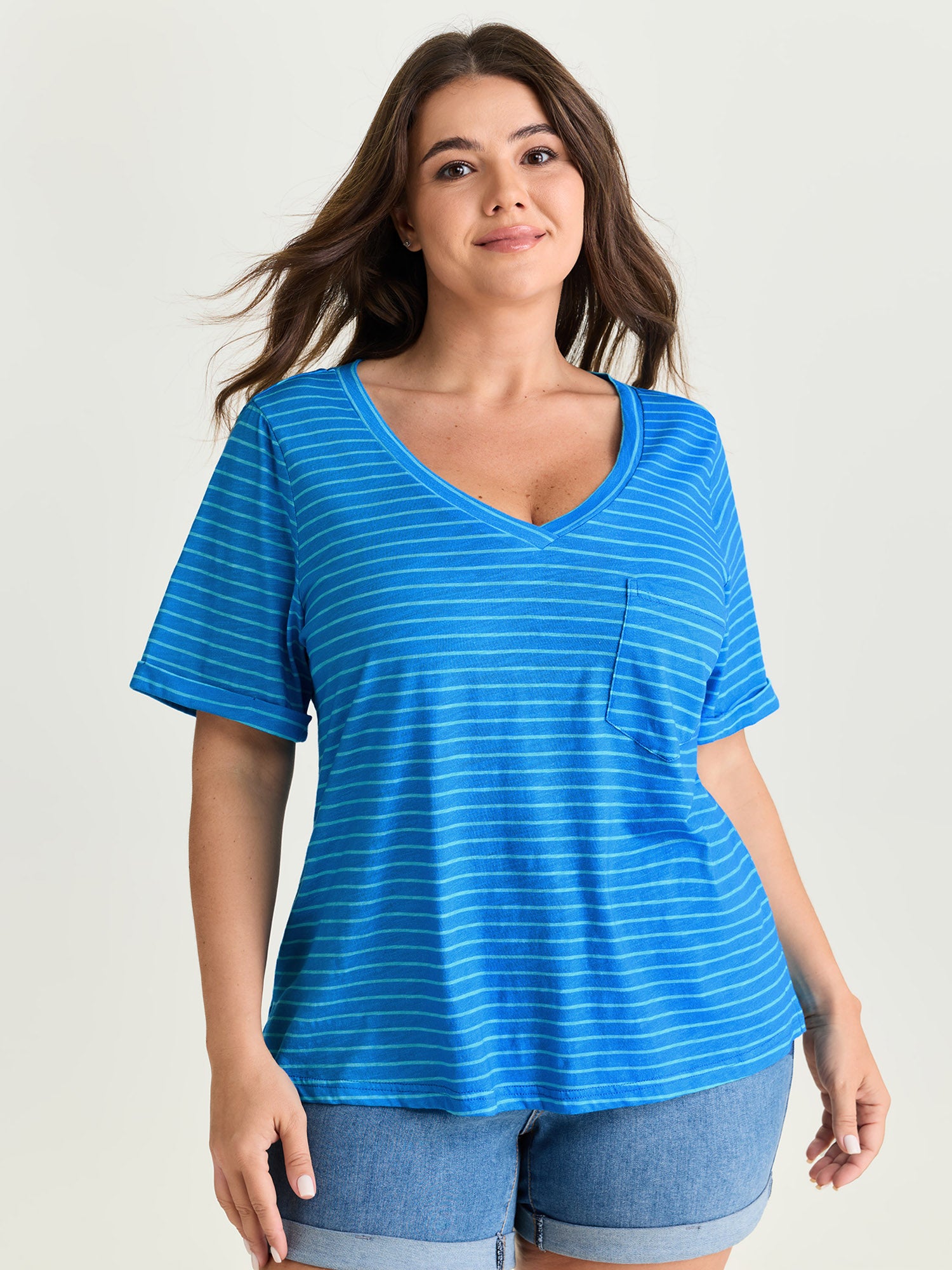 Cotton Stretchy Striped Print V-Neck T-Shirt