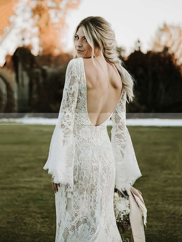 Fabulous V-Neck Backless Long Sleeves Lace Trumpet Wedding Dresses with Sweep Train