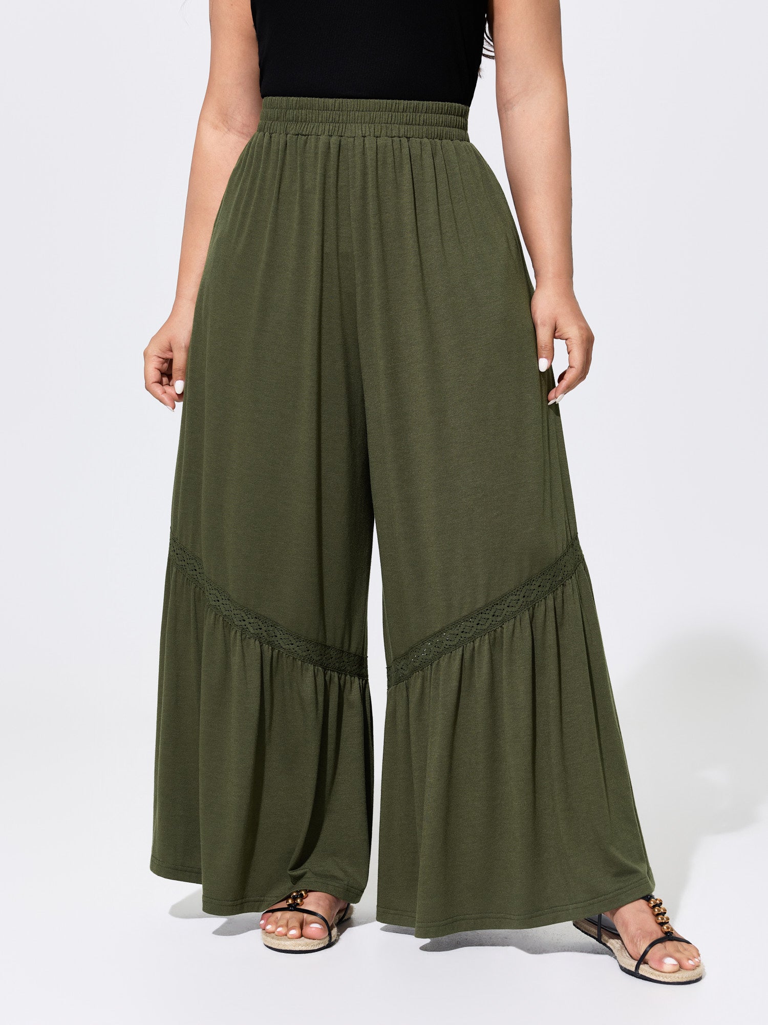 Stretchy Lace Trim Ruffled Hem Pants