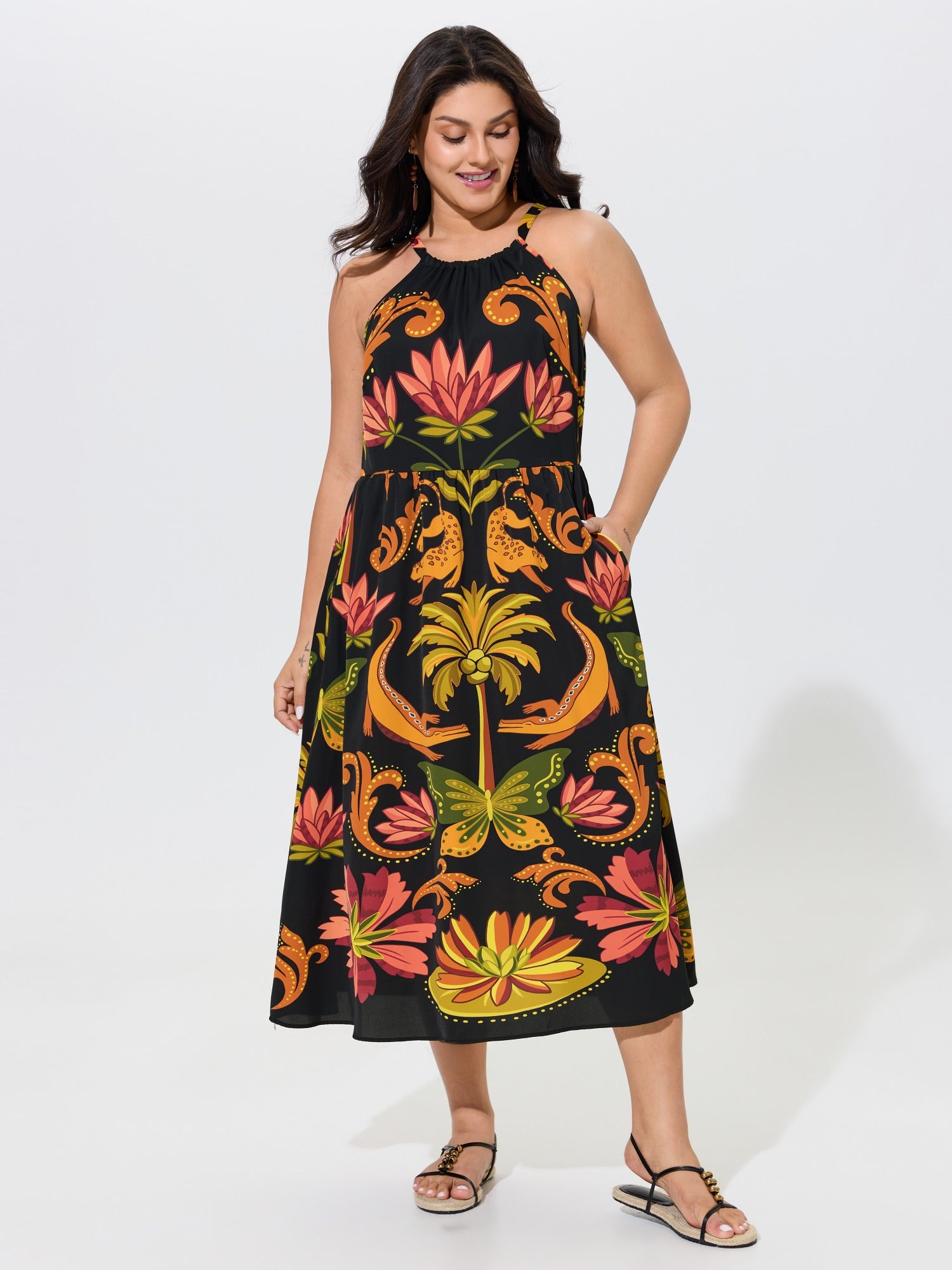 Tropical Print Halter Neck Midi Dress