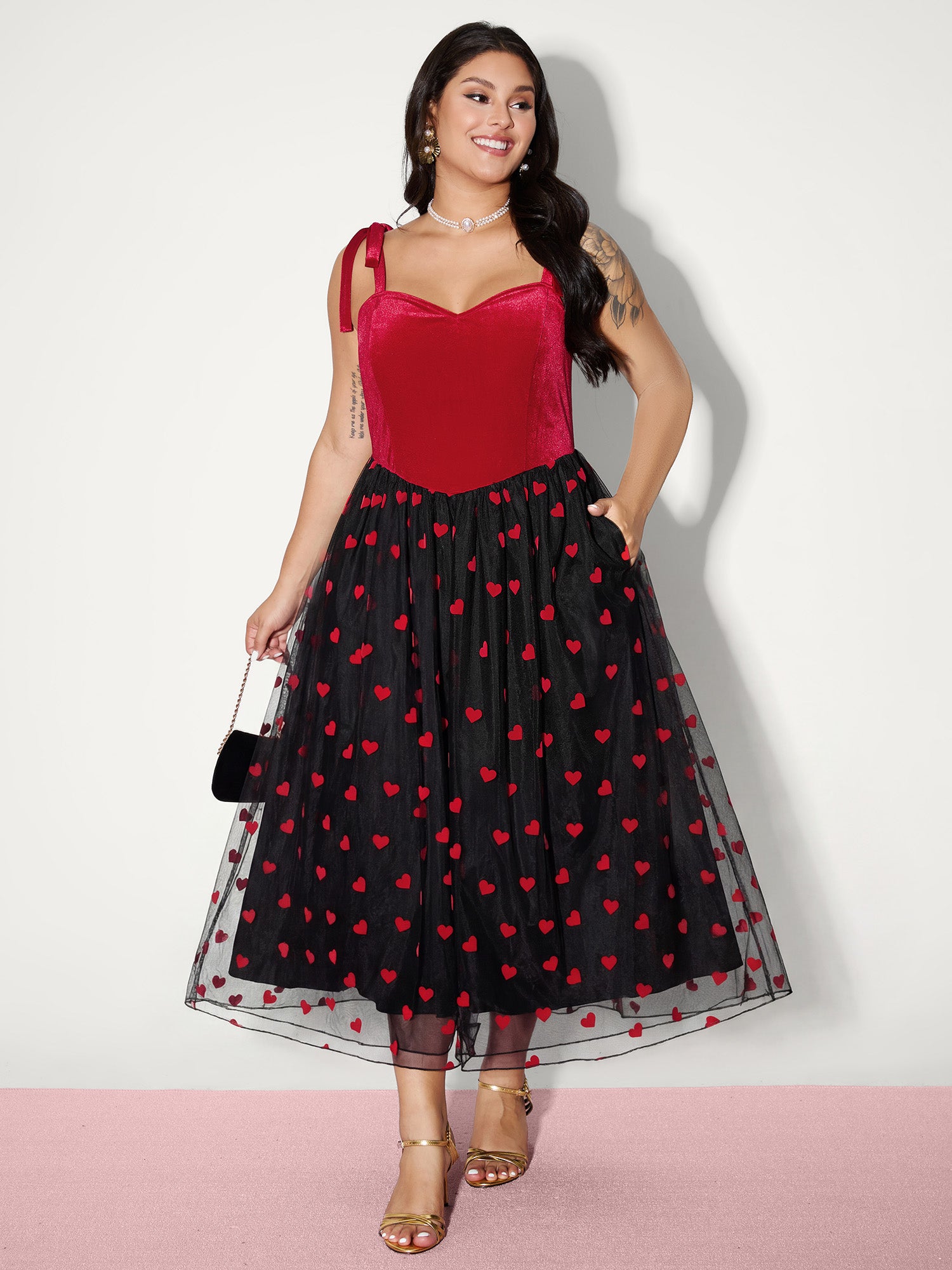 Velvet Heart Shaped Flocked Shoulder-Tie Maxi Dress