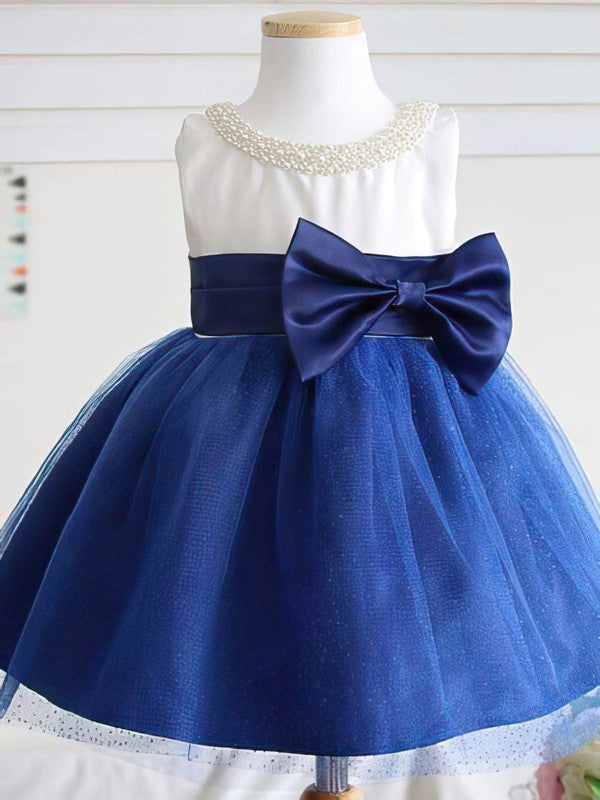 Deluxe Crew Neck Sleeveless Satin Tulle Flower Girl Dresses with Bow