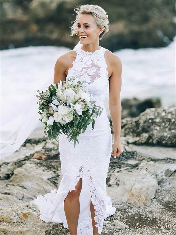 Luxurious Mermaid Crew Neck Backless Split Front Wedding Dresses