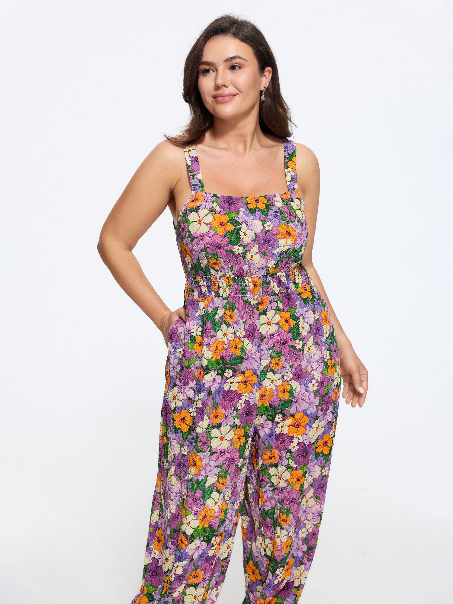Multi Floral Print Shirred Waist Jogger Jumpsuit