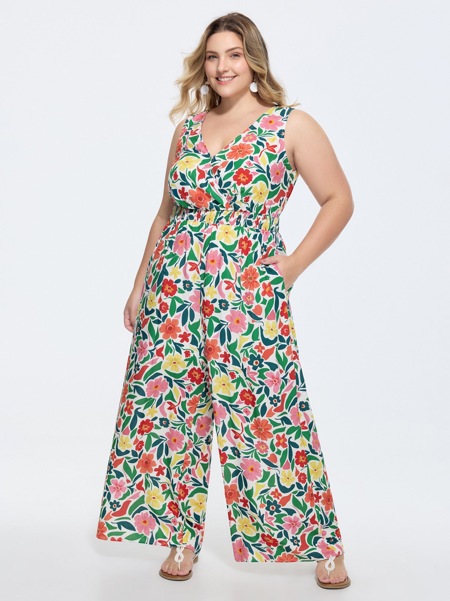 Vibrant Floral Print Shirred Waist Jumpsuit