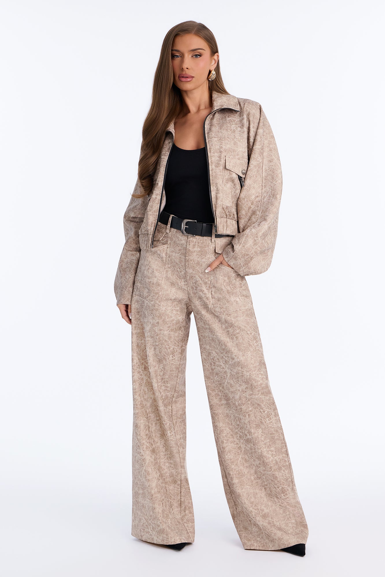 In Disguise Washed Belted Pant Set - Stone