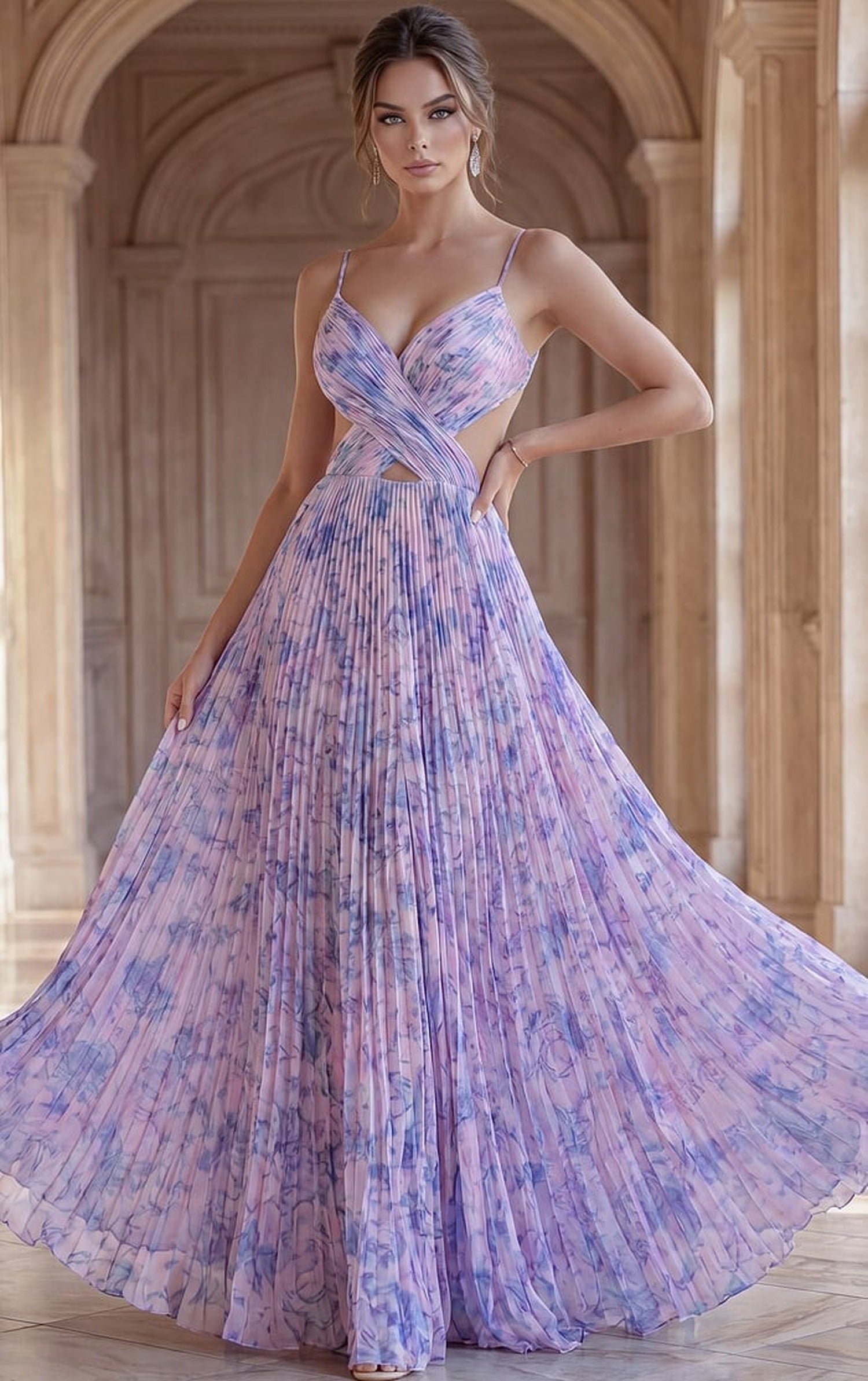 Jovani 49161 Crisscross Bodice V-Neckline Printed Dress