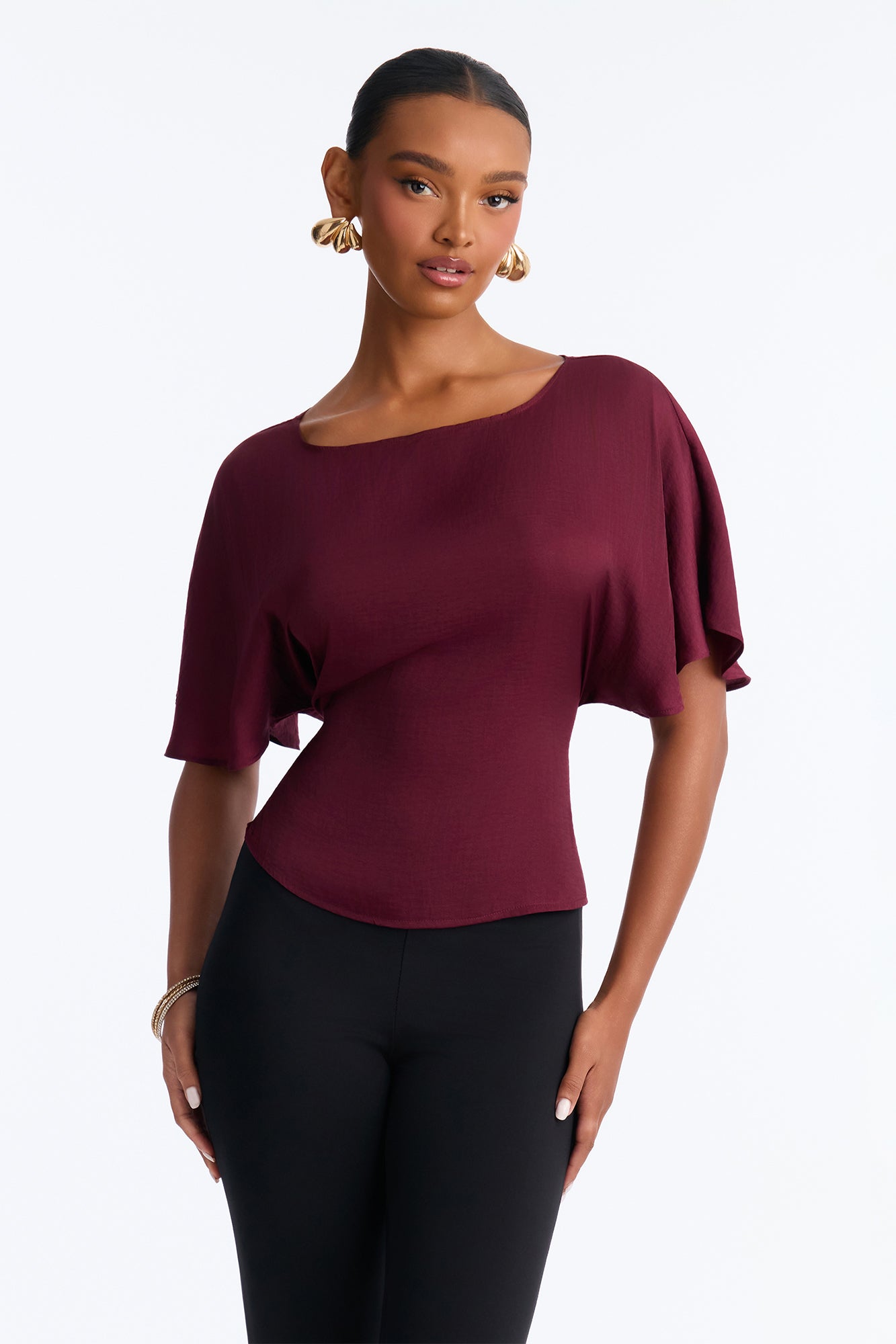 Soft Serene Short Sleeve Satin Blouse - Burgundy