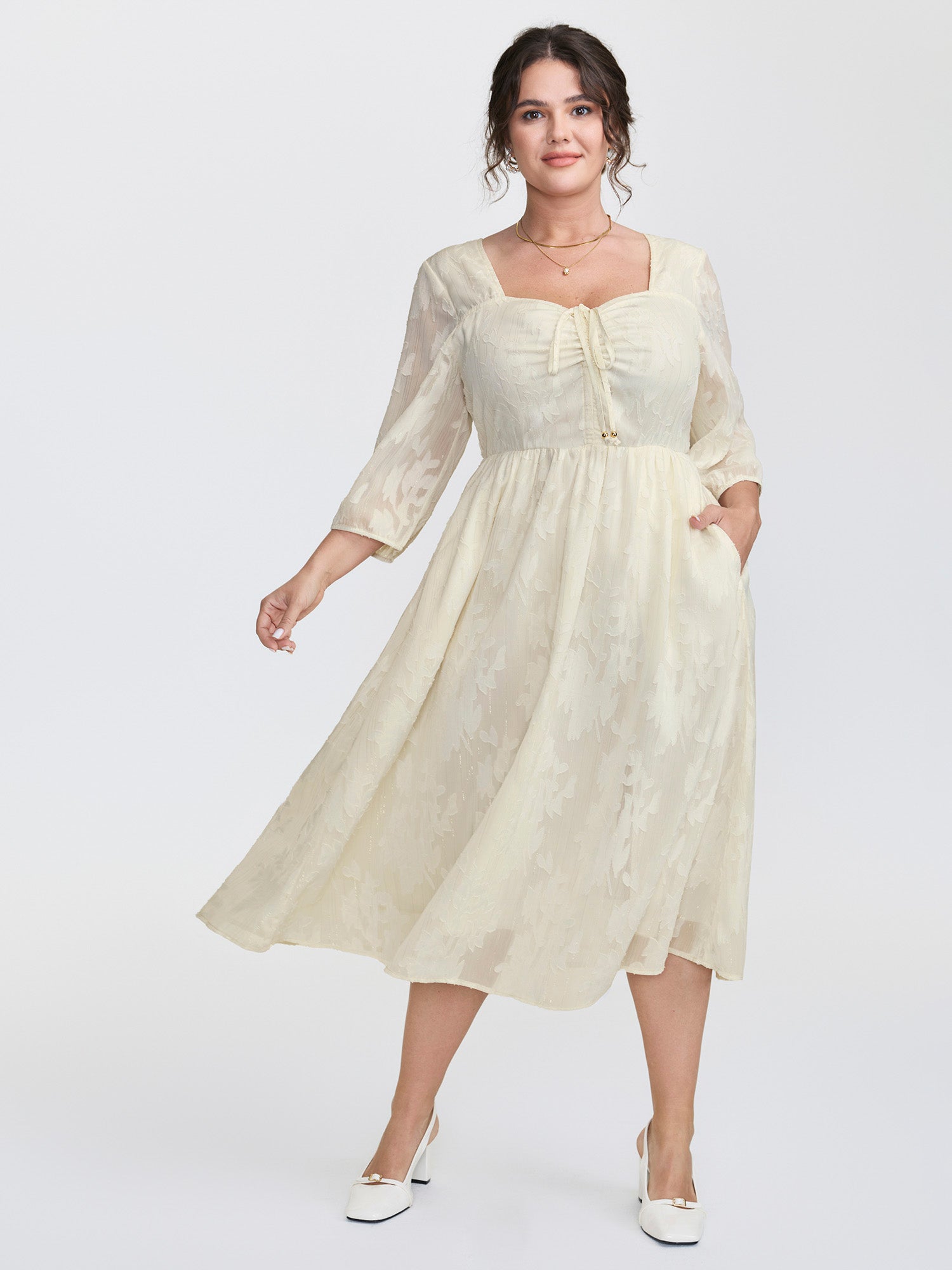 Textured Drawstring Bodice Flowy Midi Dress