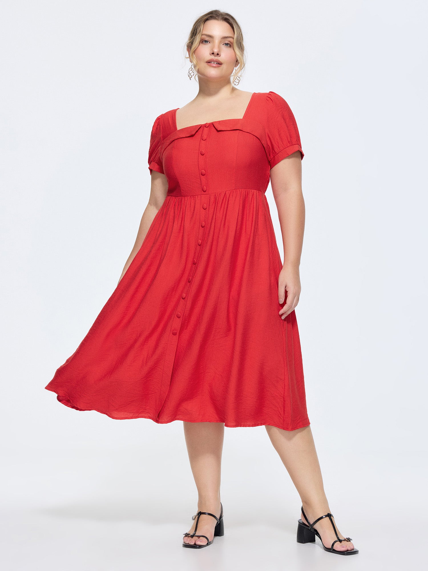 Folded Neckline Shirred Back Flowy Midi Dress