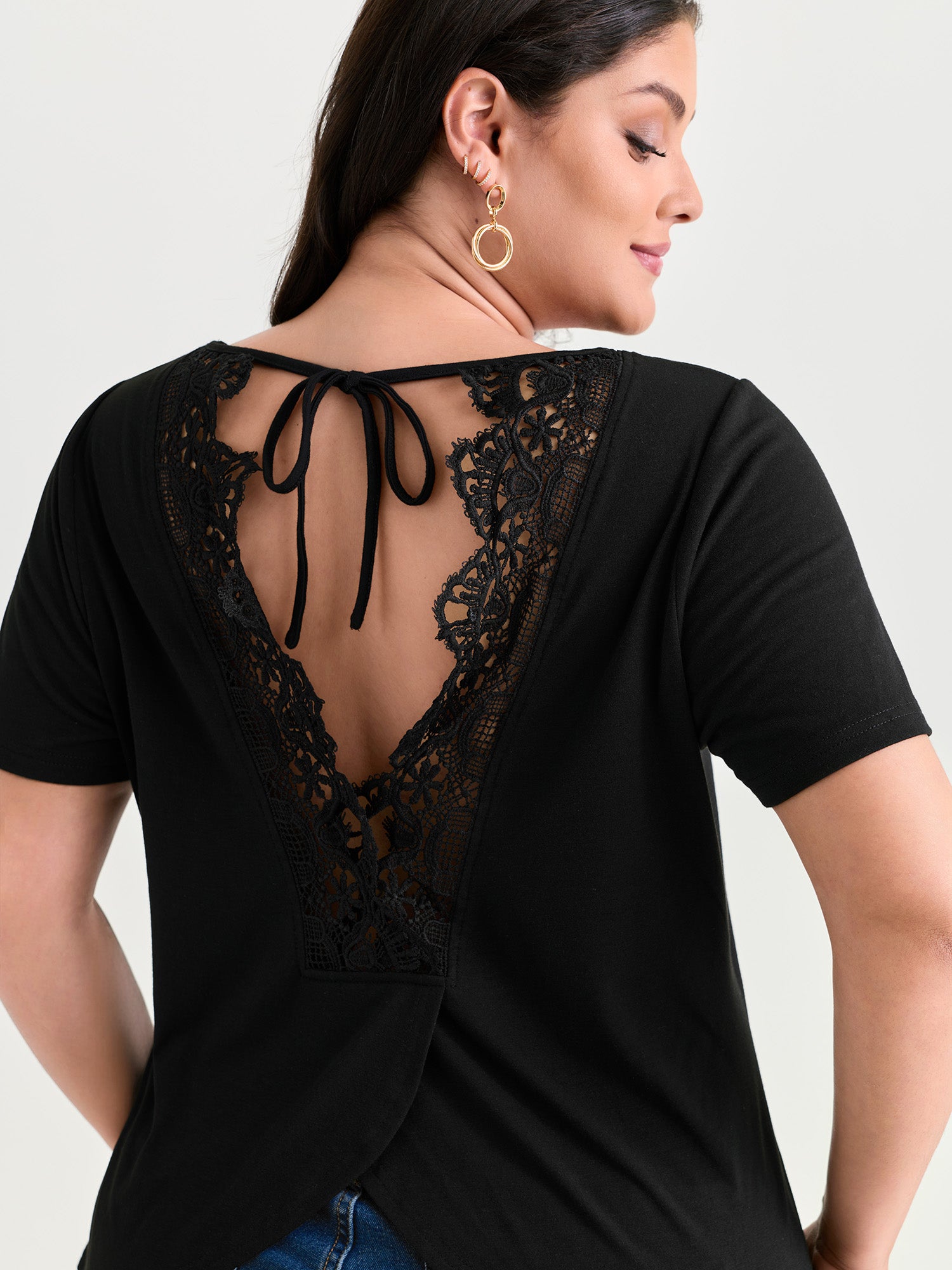 Open Back Lace Detail Boat Neck T-Shirt