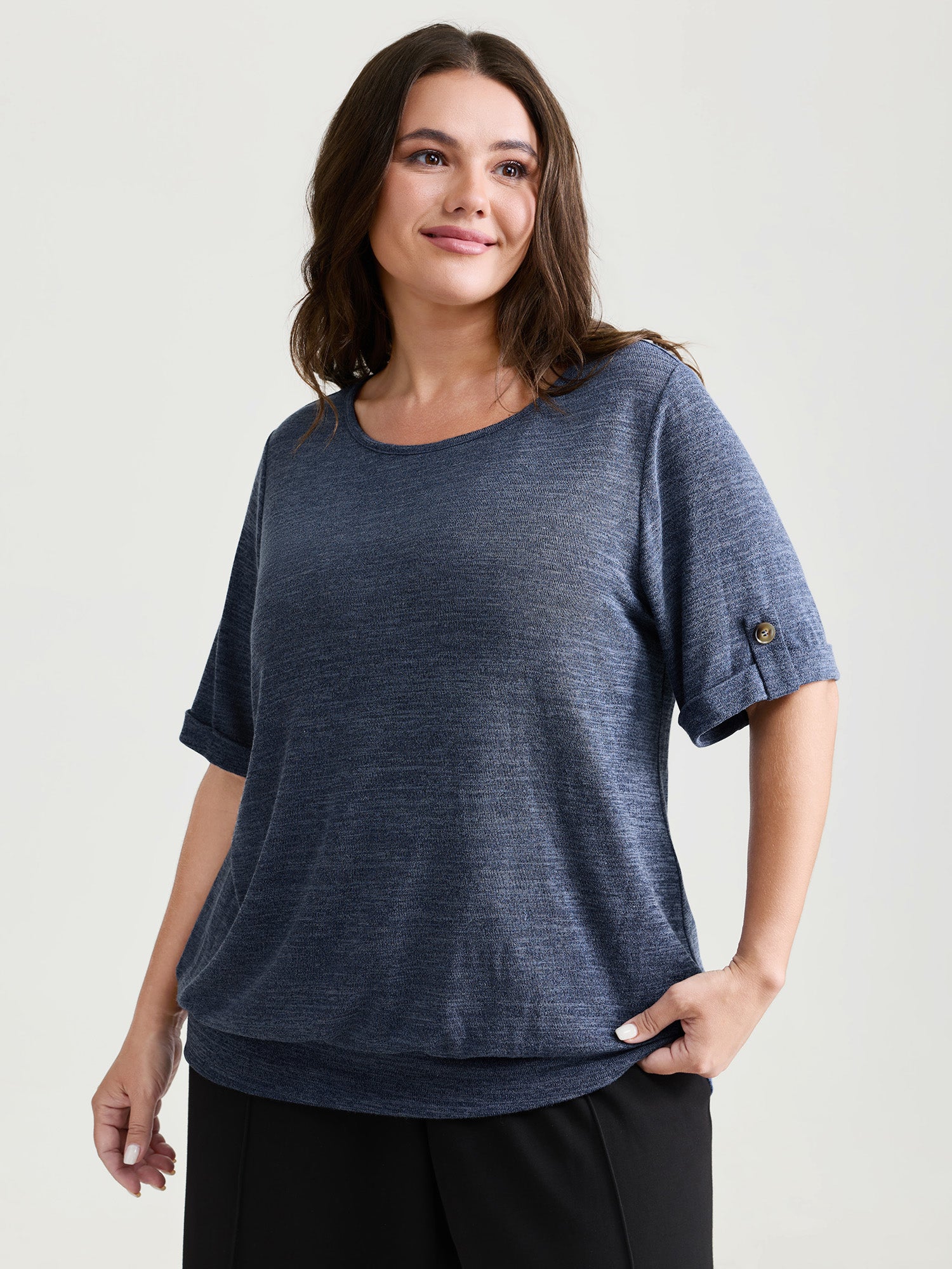 Stretchy Plain Folded Cuff Sleeve T-Shirt