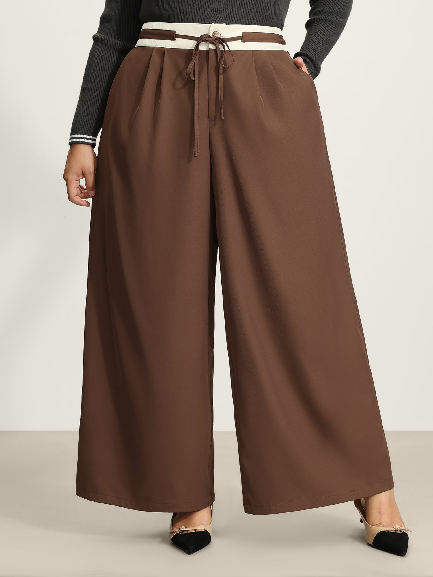 Color Contrast Drawstring Wide-Leg Pants