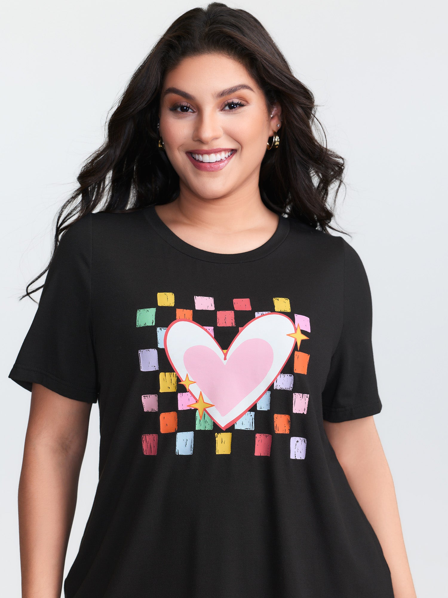 Multi-Color Heart Stretchy Round Neck T-Shirt