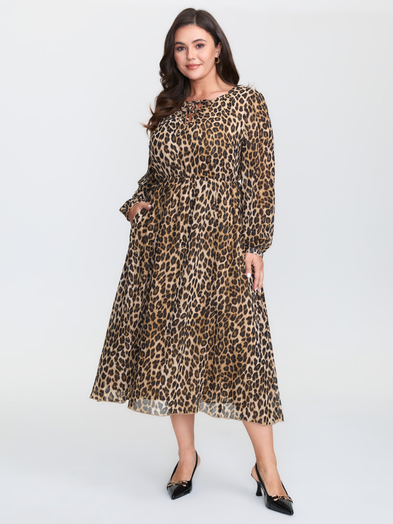 Leopard Print Neck Tie Midi Dress
